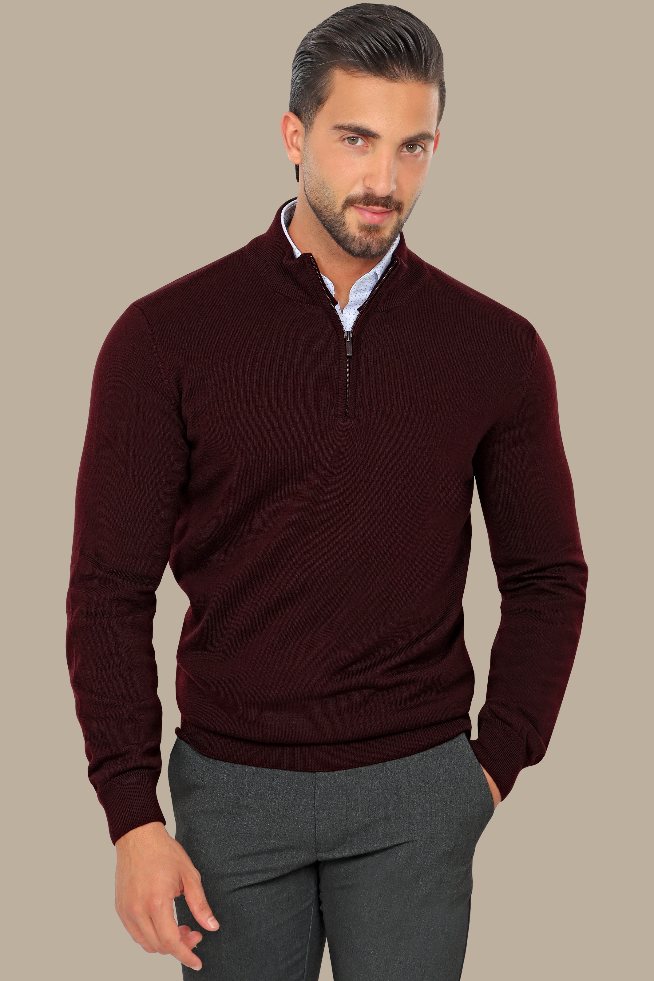 Burgundy Half Zipper Cotton Sweater