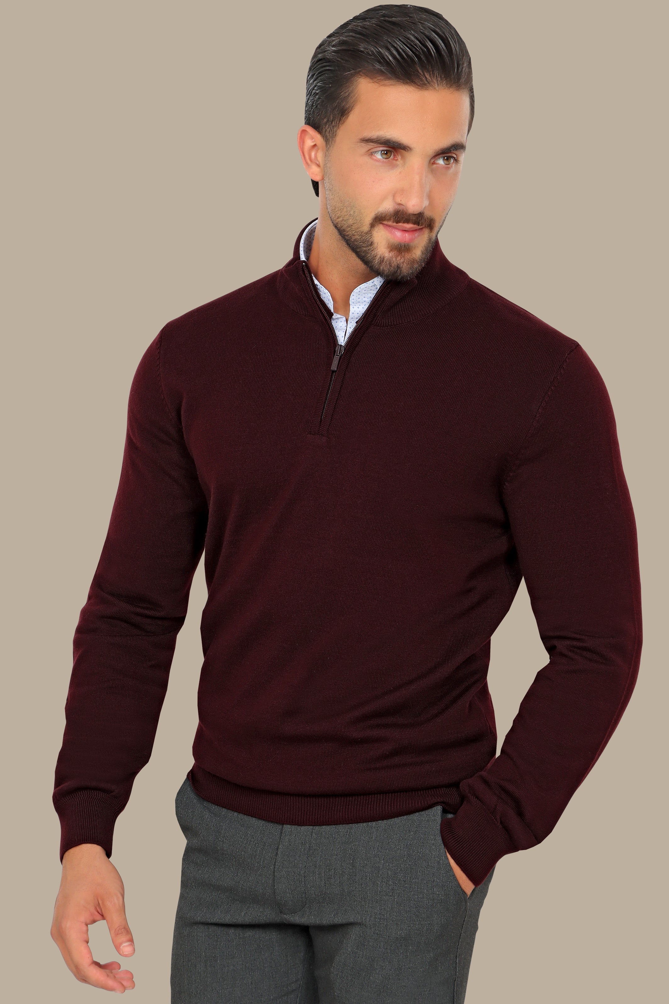 Burgundy Half Zipper Cotton Sweater