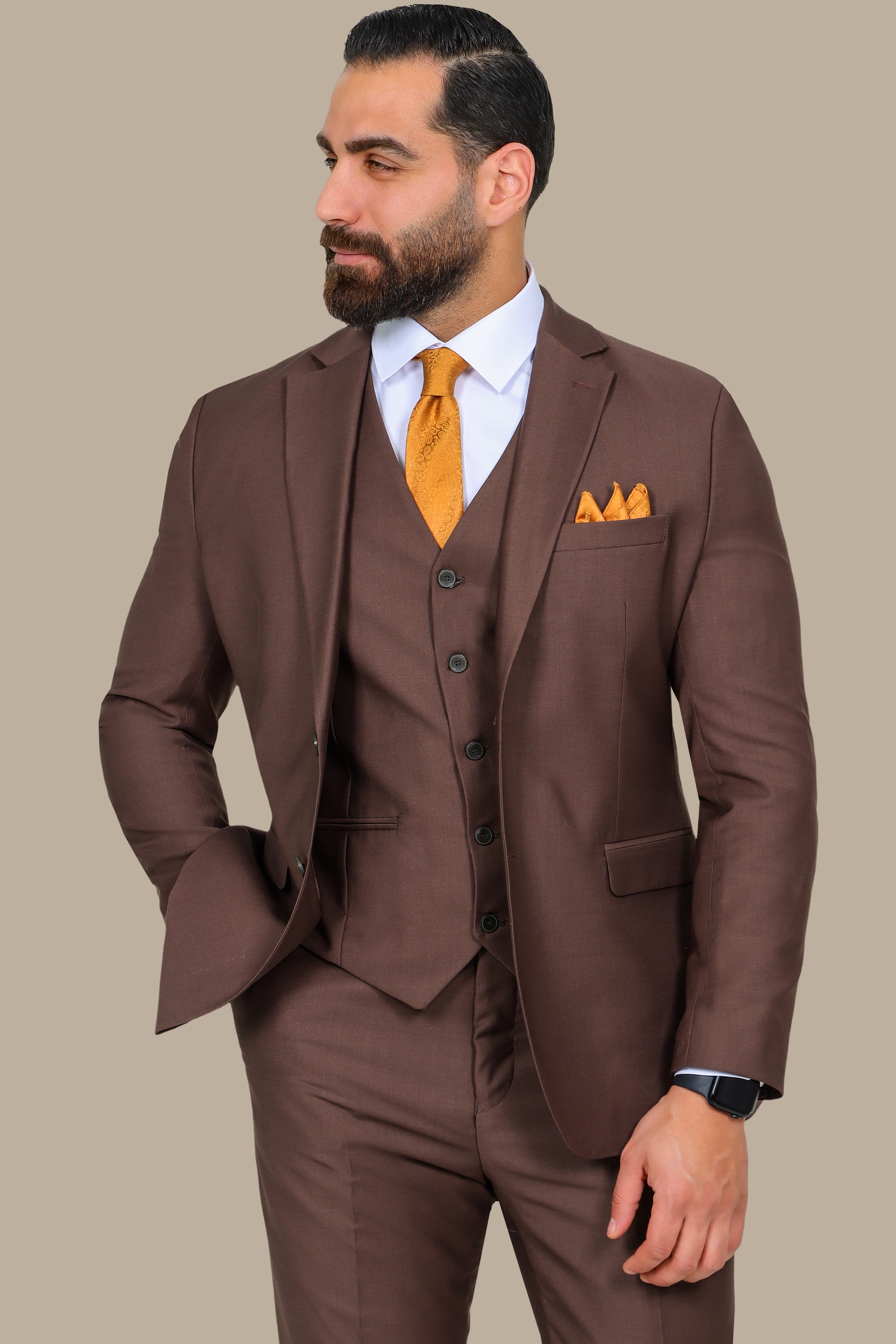 Brown Polyviscose 3-Piece Suit with Notch Lapel