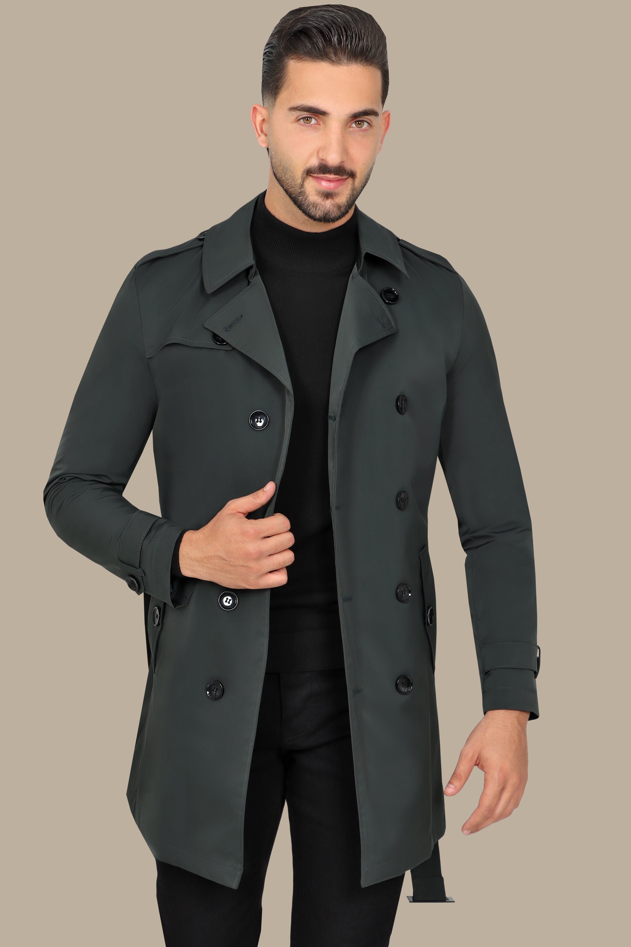 Classic Double-Breasted Green Trench Coat