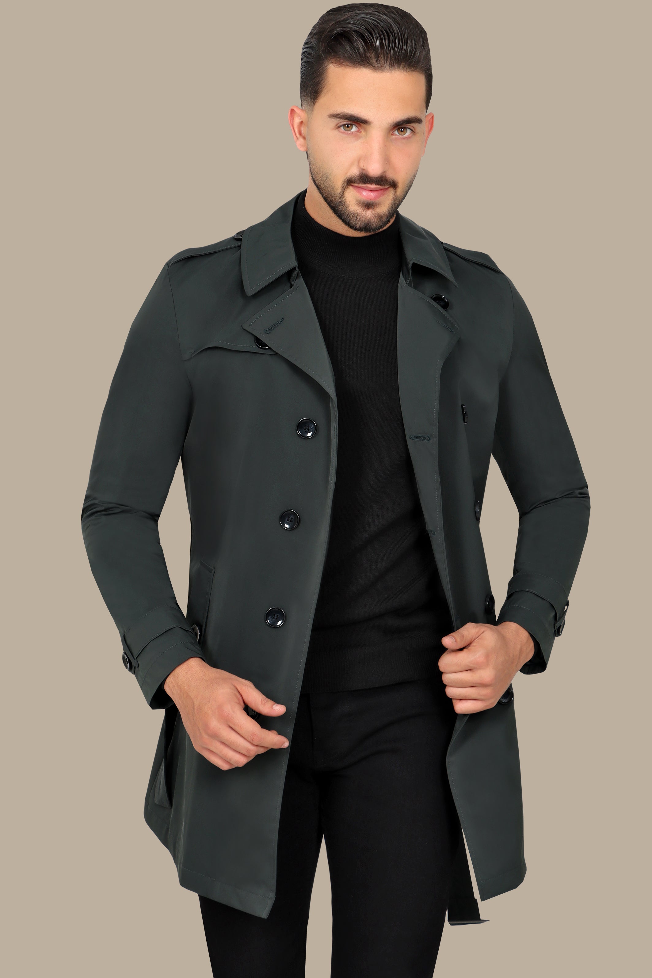 Classic Double-Breasted Green Trench Coat