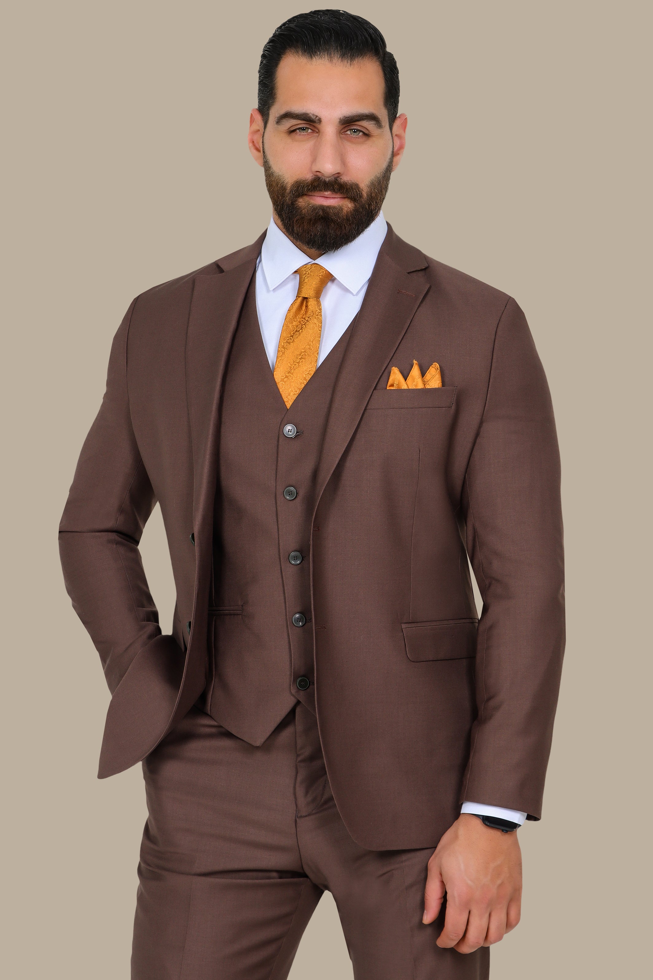 Brown Polyviscose 3-Piece Suit with Notch Lapel