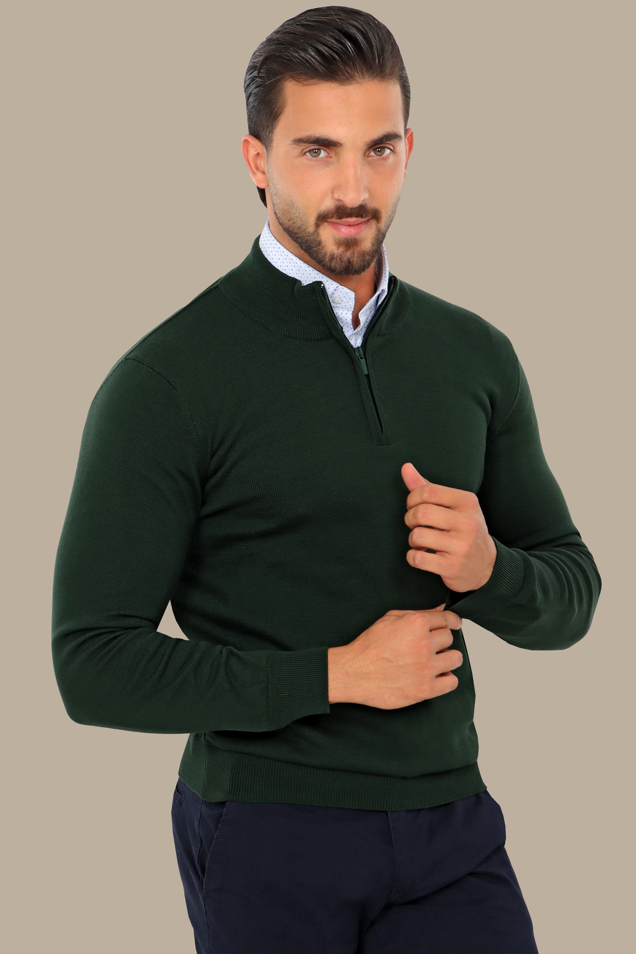 Dark Green Half-Zip Cotton Sweater