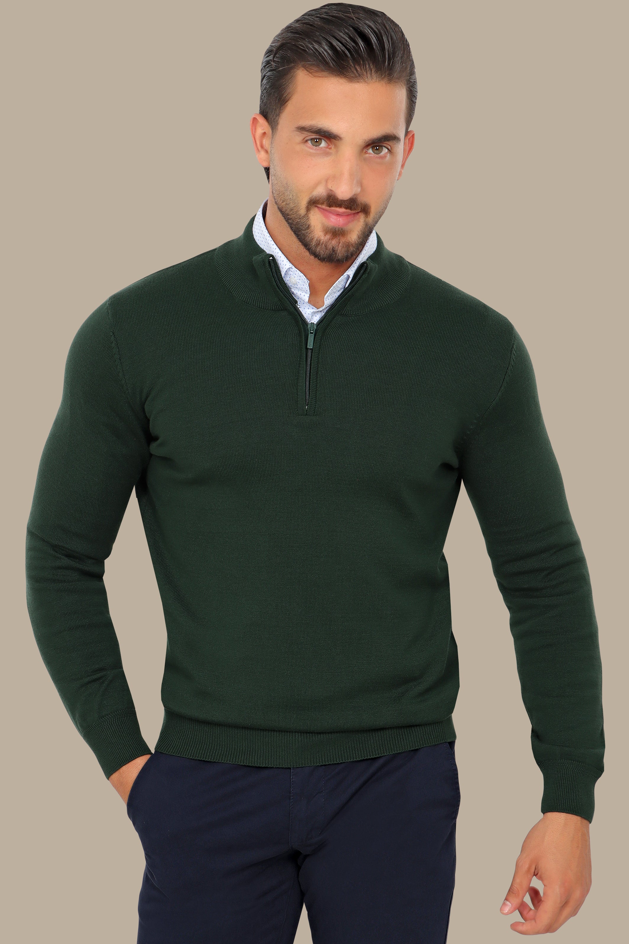 Dark Green Half-Zip Cotton Sweater