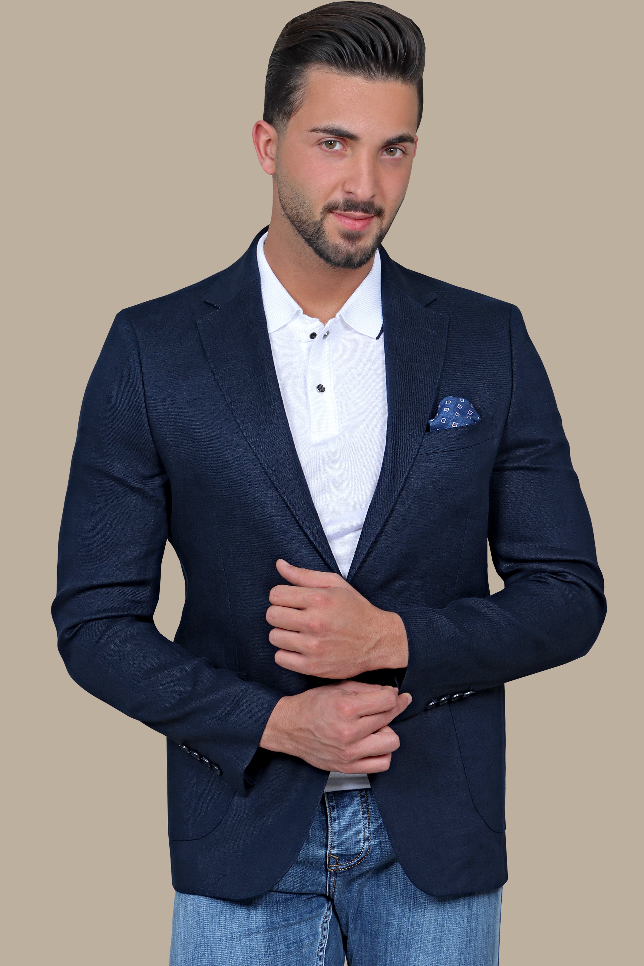 Navy Linen Blazer with Patch Pockets