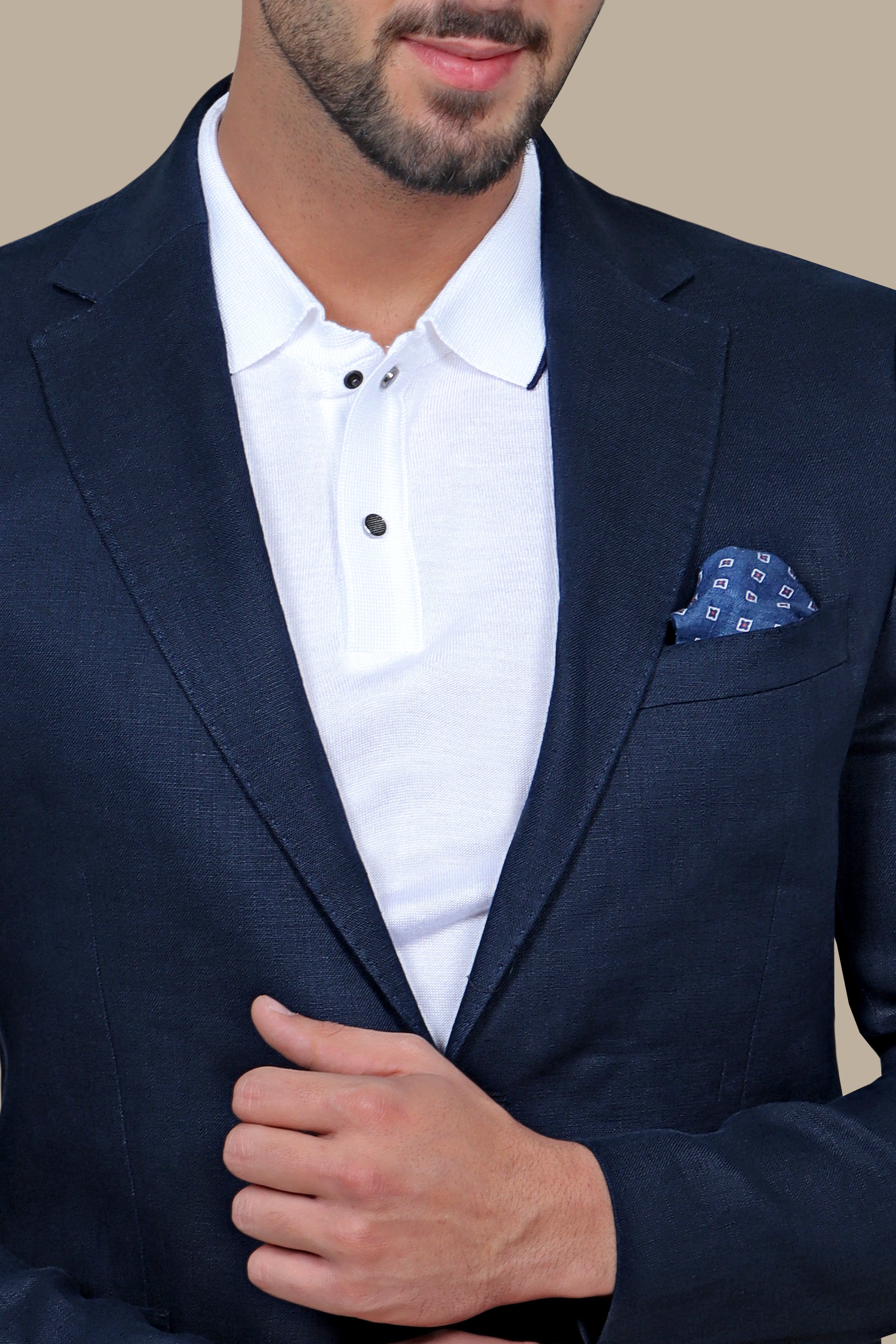 Navy Linen Blazer with Patch Pockets