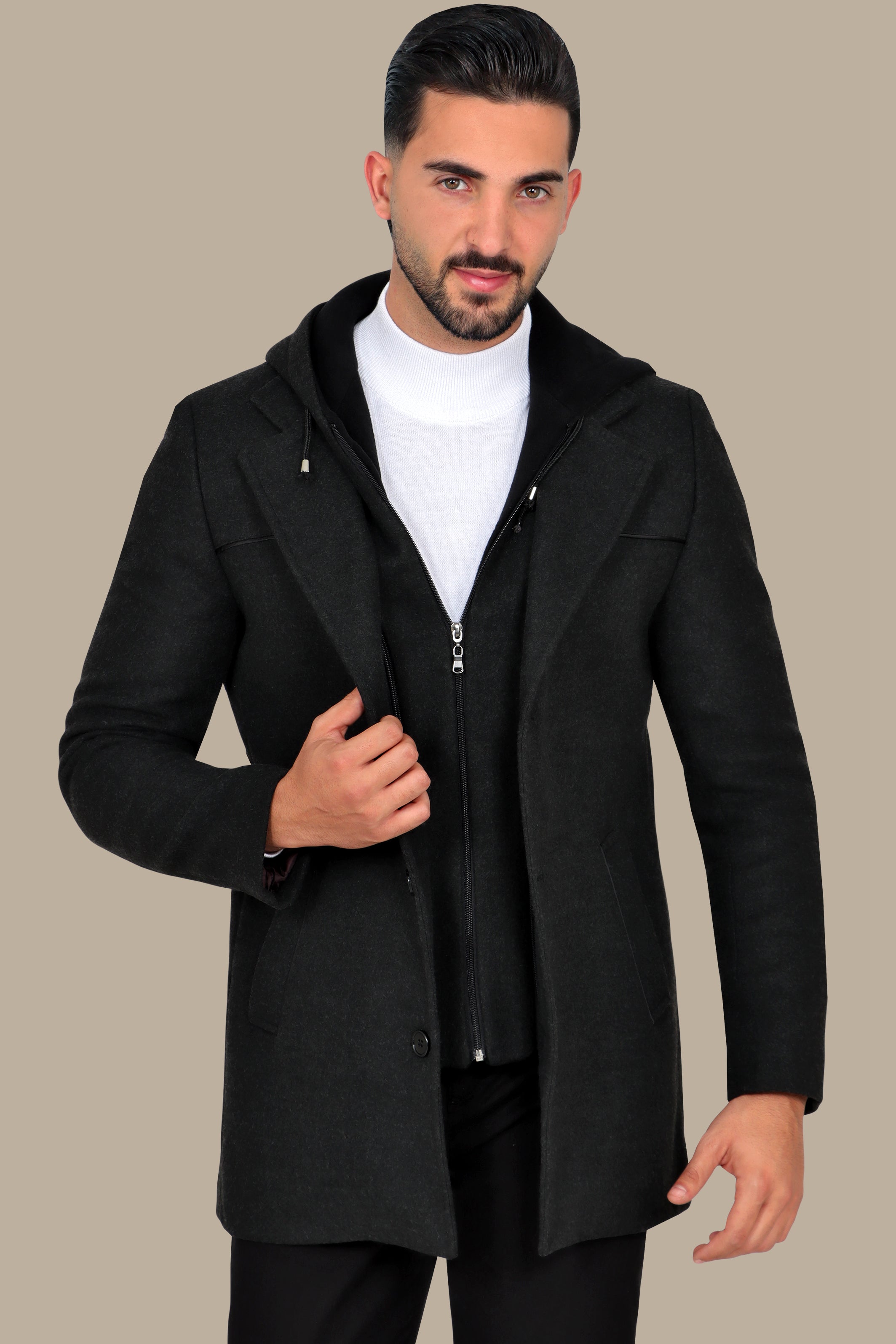 Dark Grey Coat with Detachable Hoodie