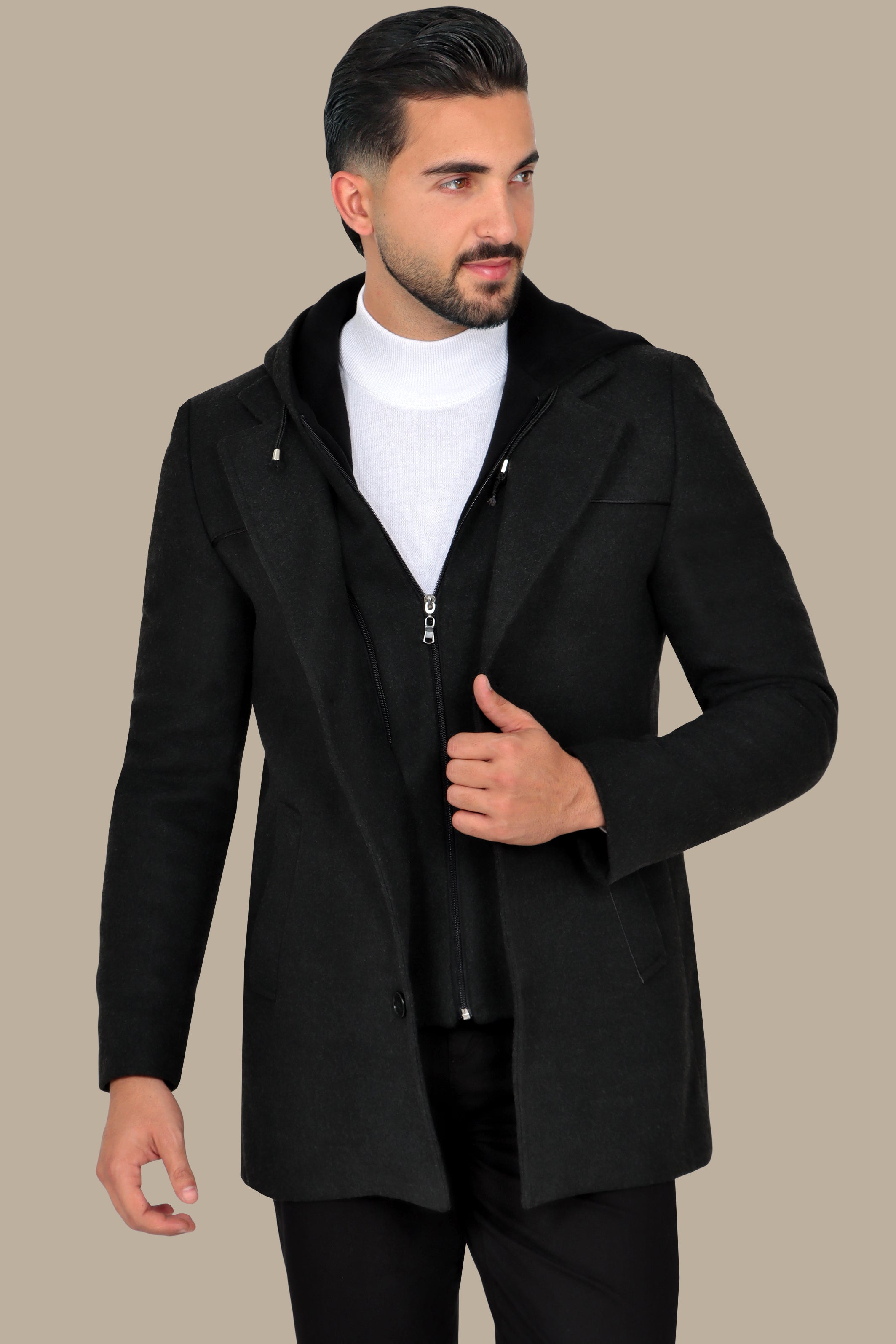 Dark Grey Coat with Detachable Hoodie