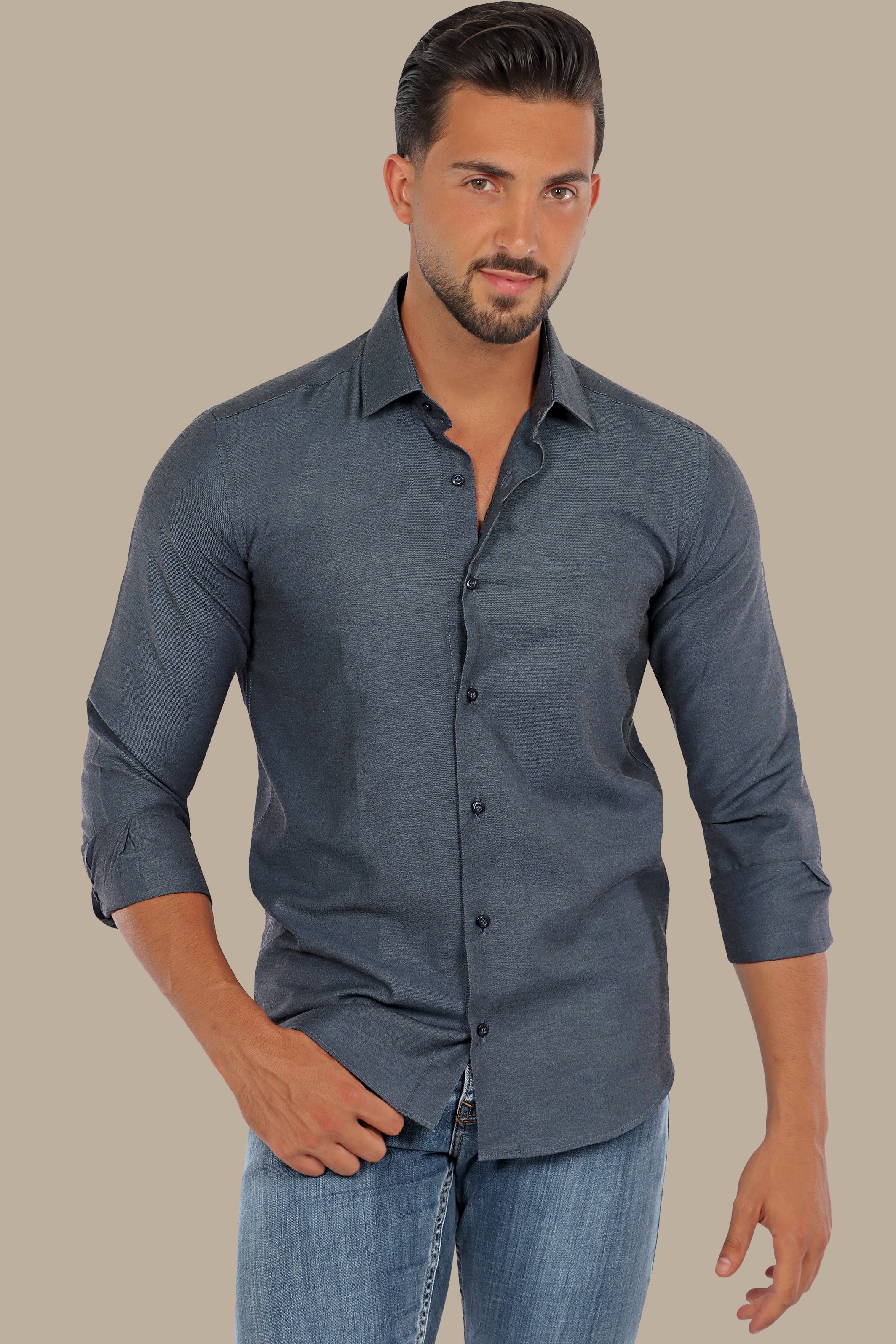 Modern Sophistication: Petrol Slim Fit Chambray Shirt