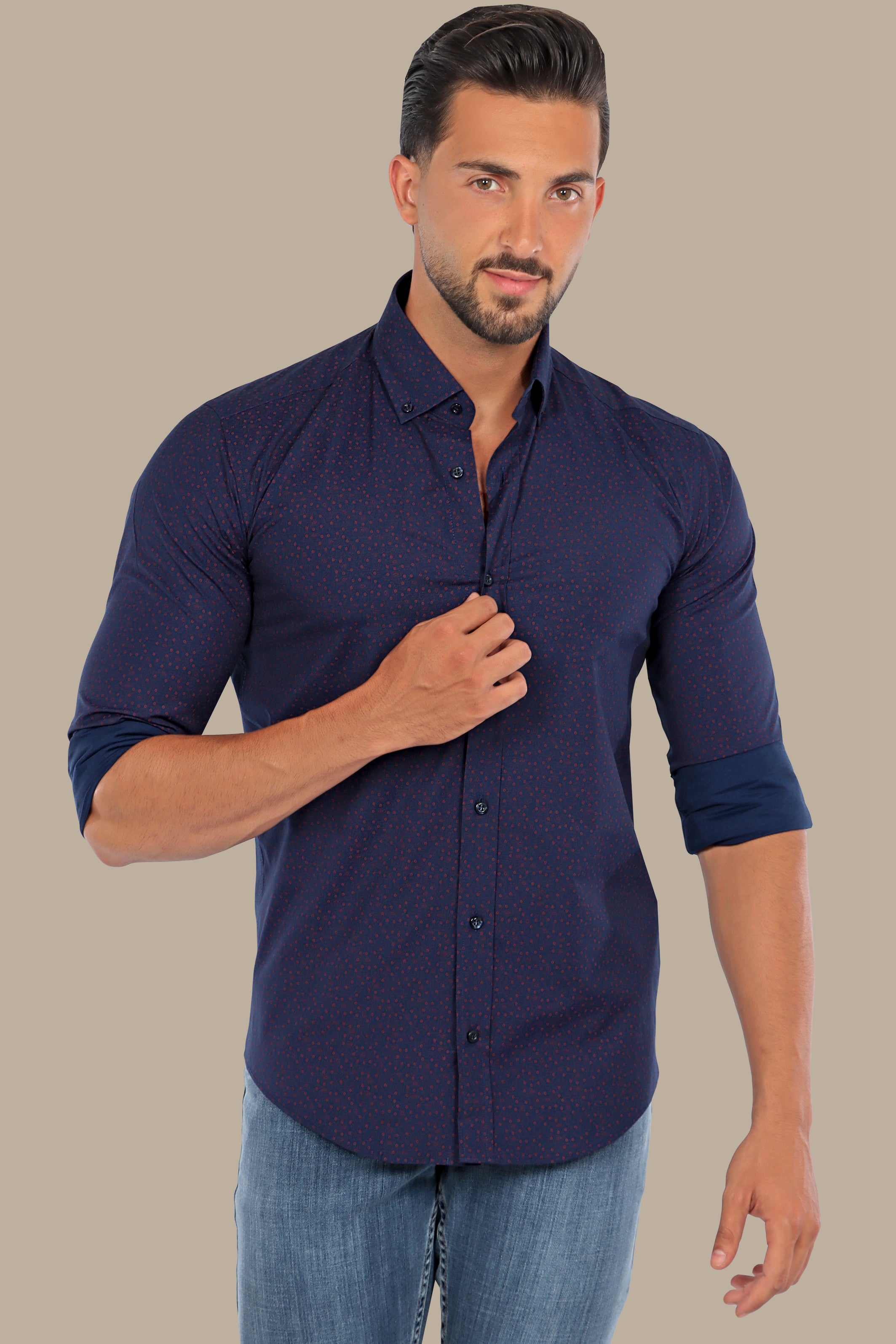 Bold Elegance: Navy Red Paisley Print Lycra Shirt