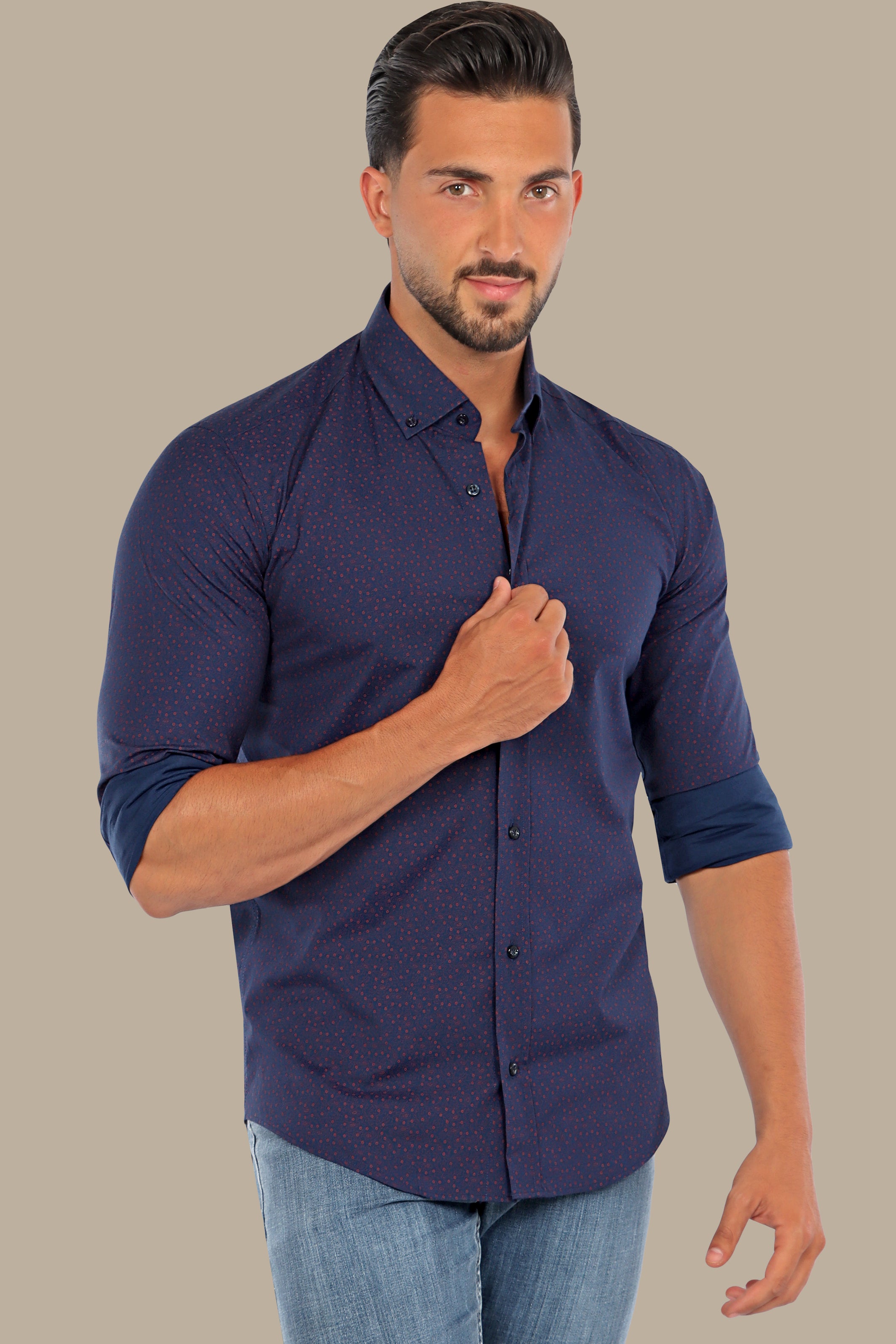 Bold Elegance: Navy Red Paisley Print Lycra Shirt