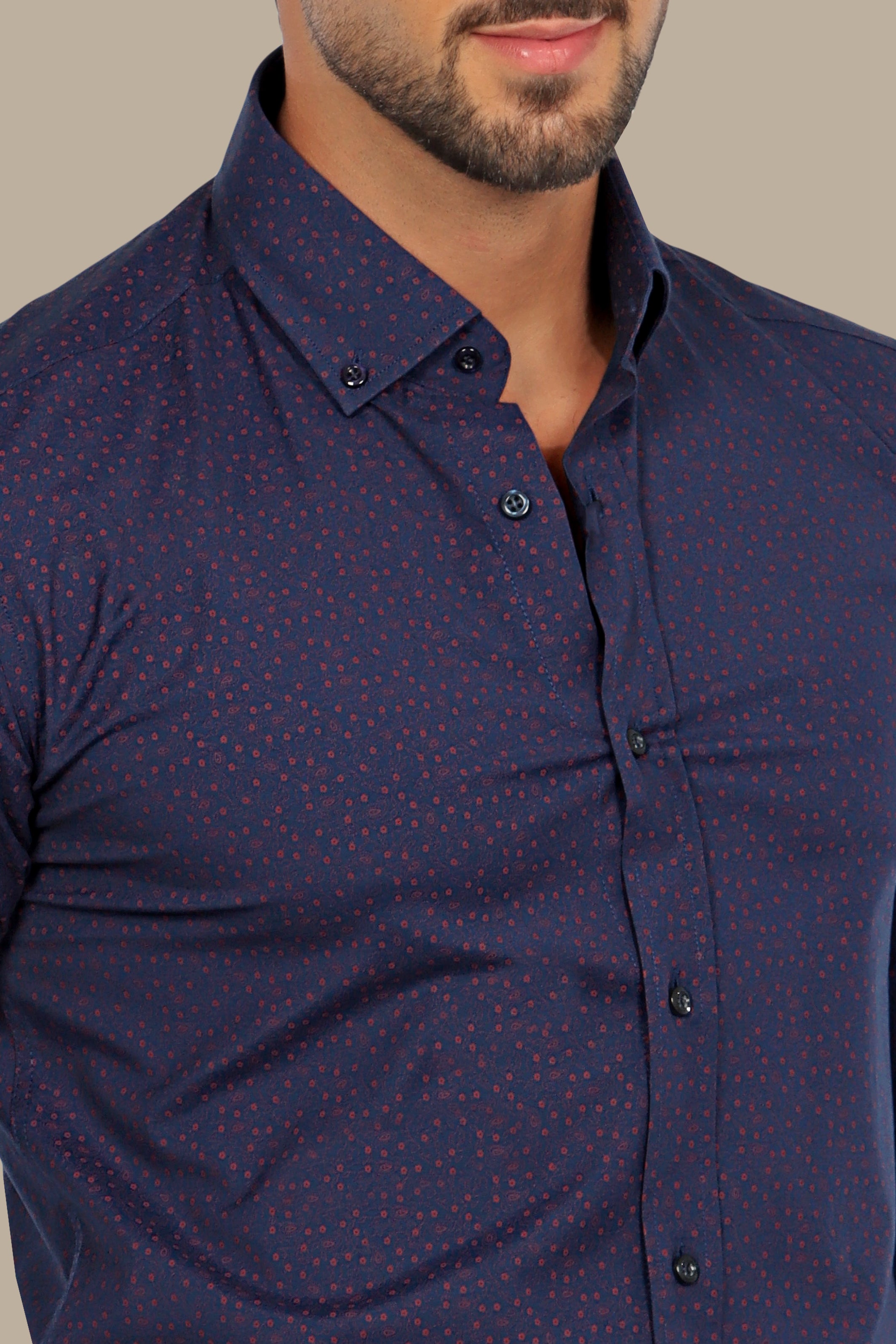 Bold Elegance: Navy Red Paisley Print Lycra Shirt