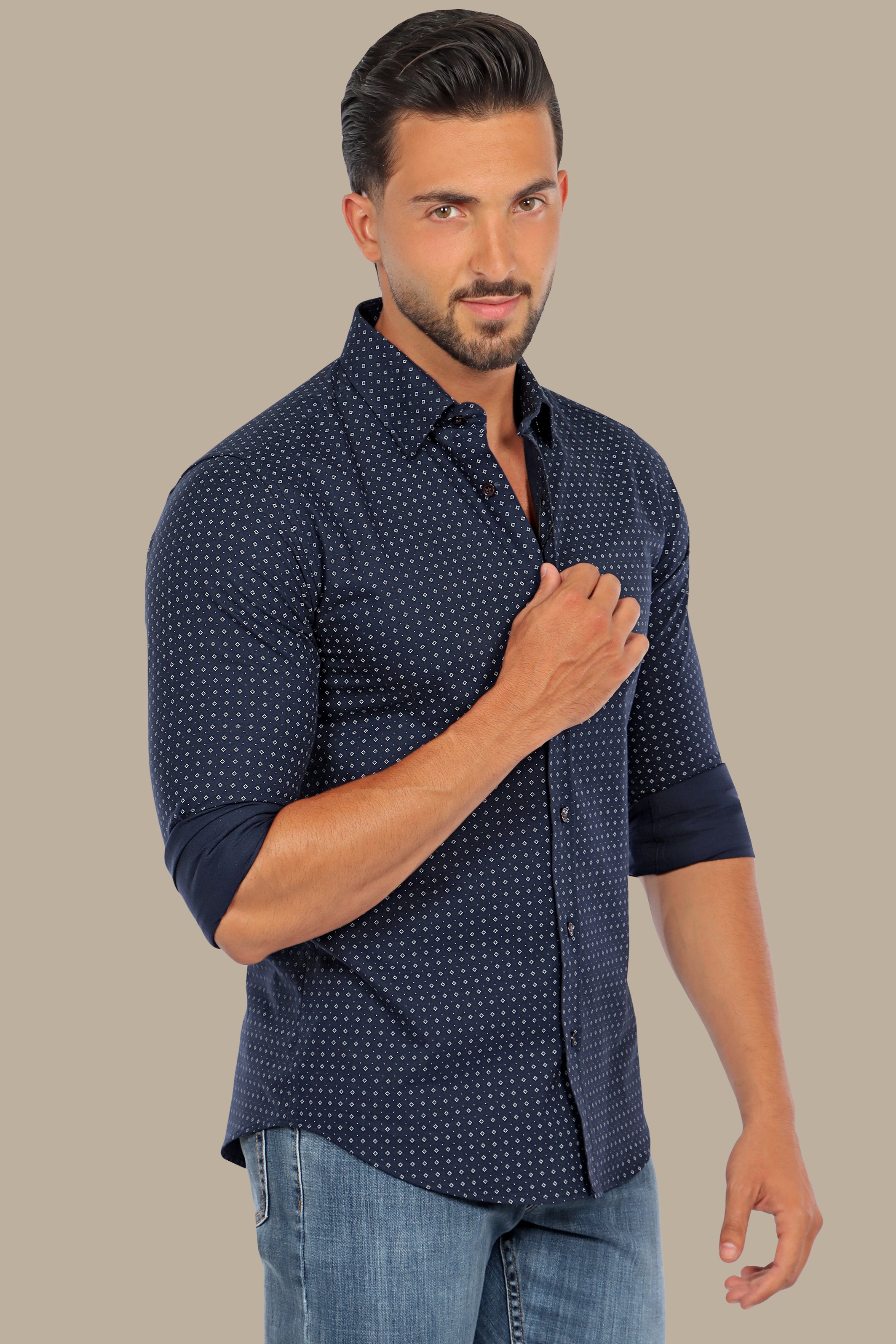 Contemporary Charm: Navy Square Print Shirt