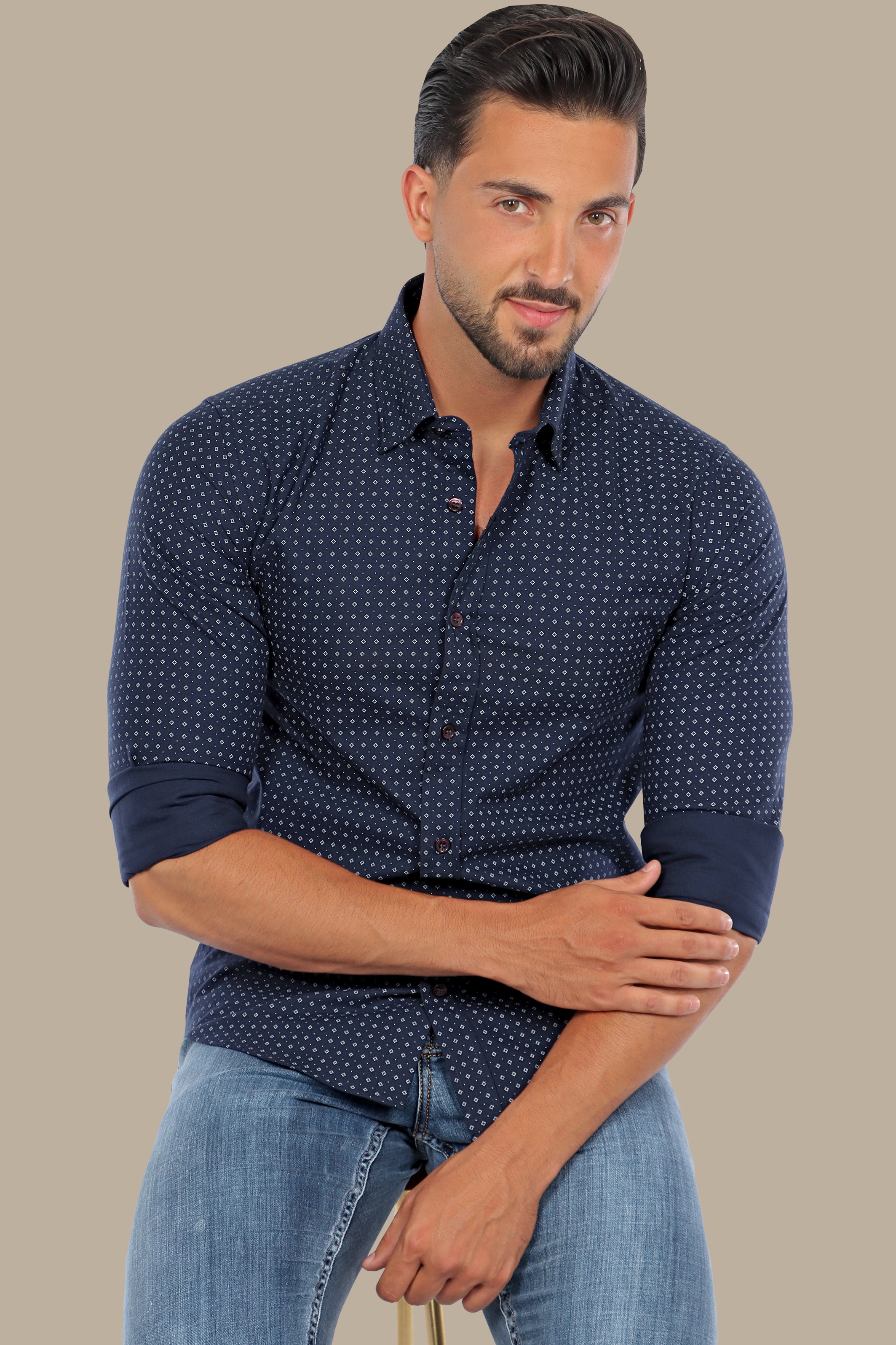 Contemporary Charm: Navy Square Print Shirt