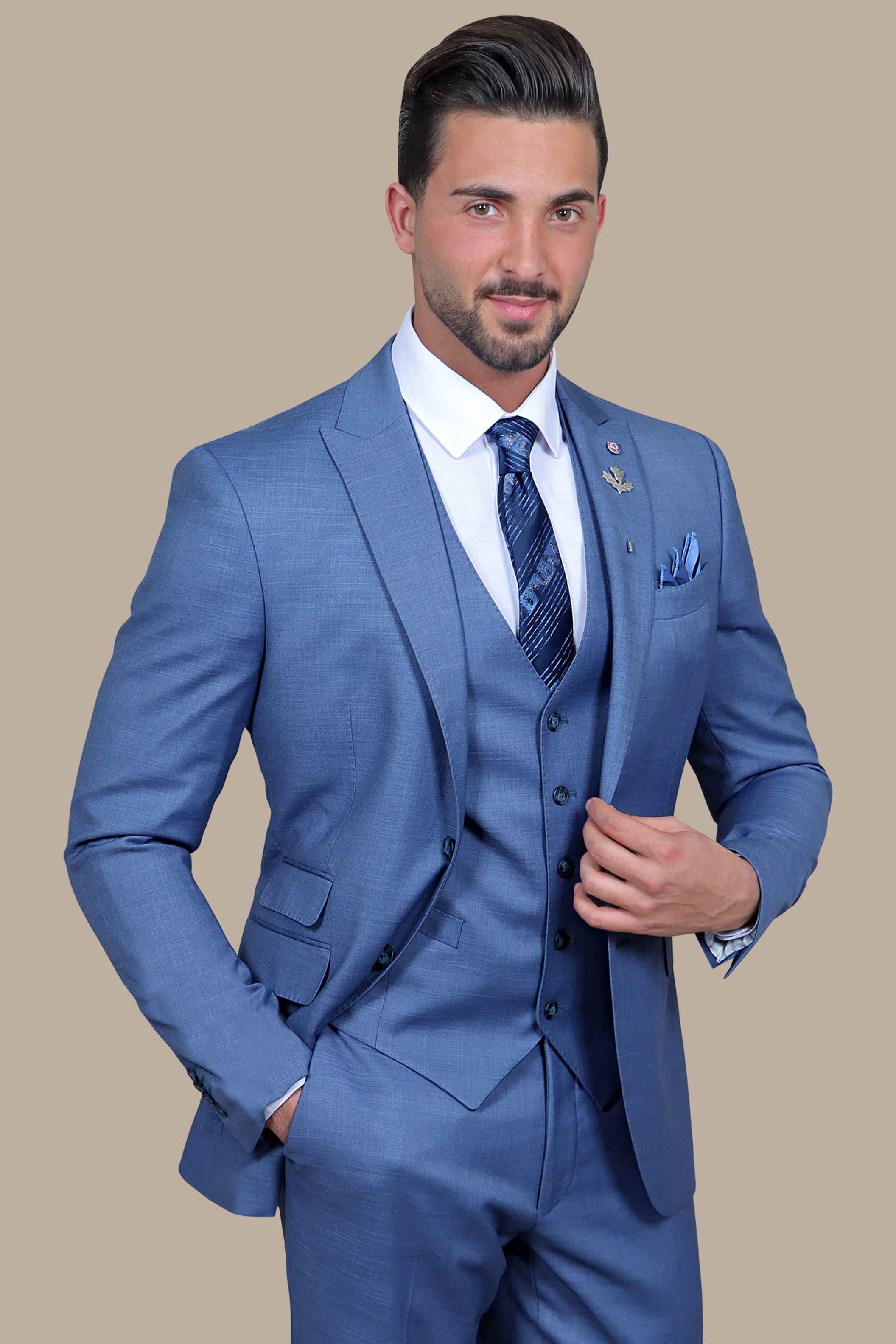 Petrol Elegance: 3-Piece Lycra Fil-a-Fil Suit