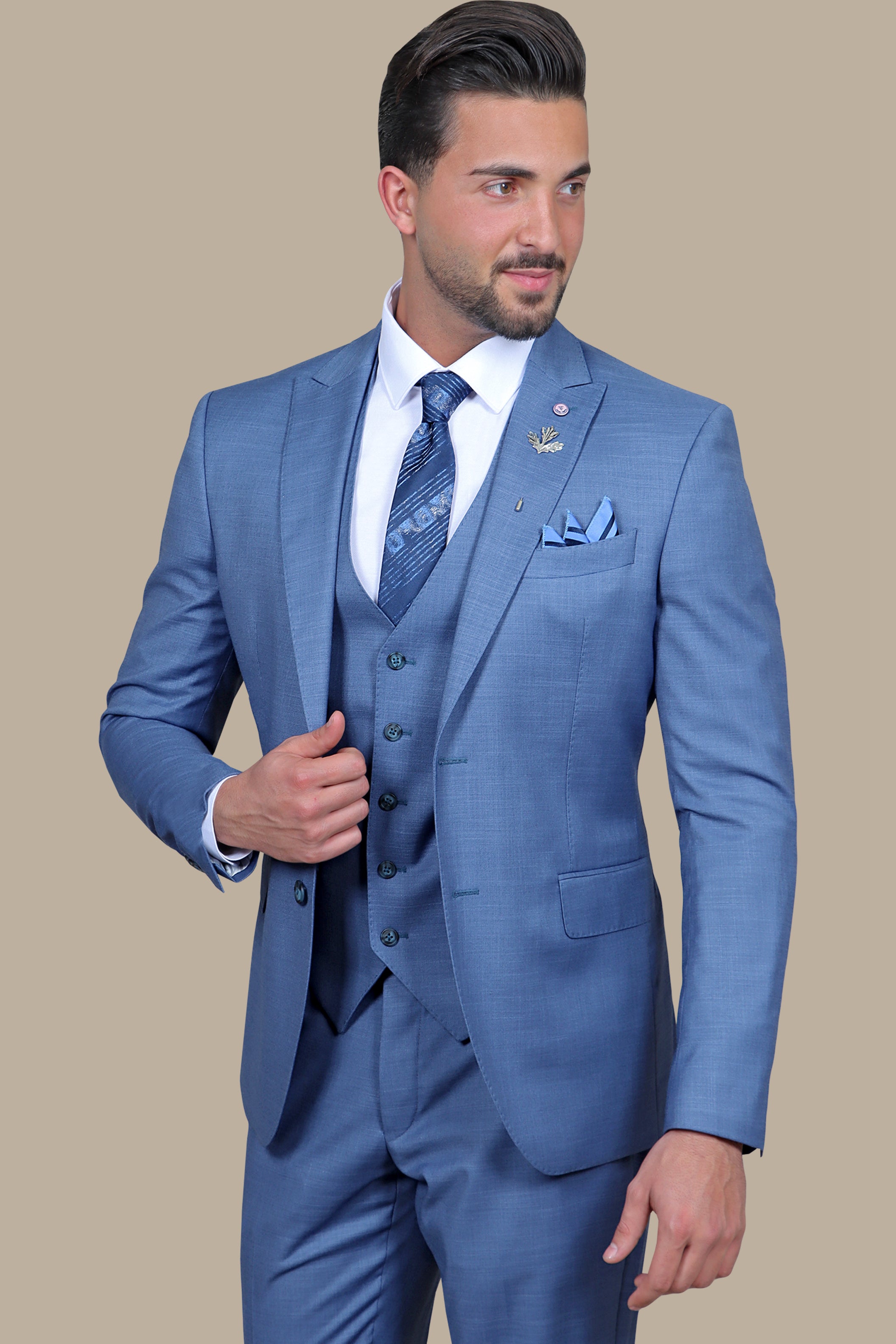 Petrol Elegance: 3-Piece Lycra Fil-a-Fil Suit