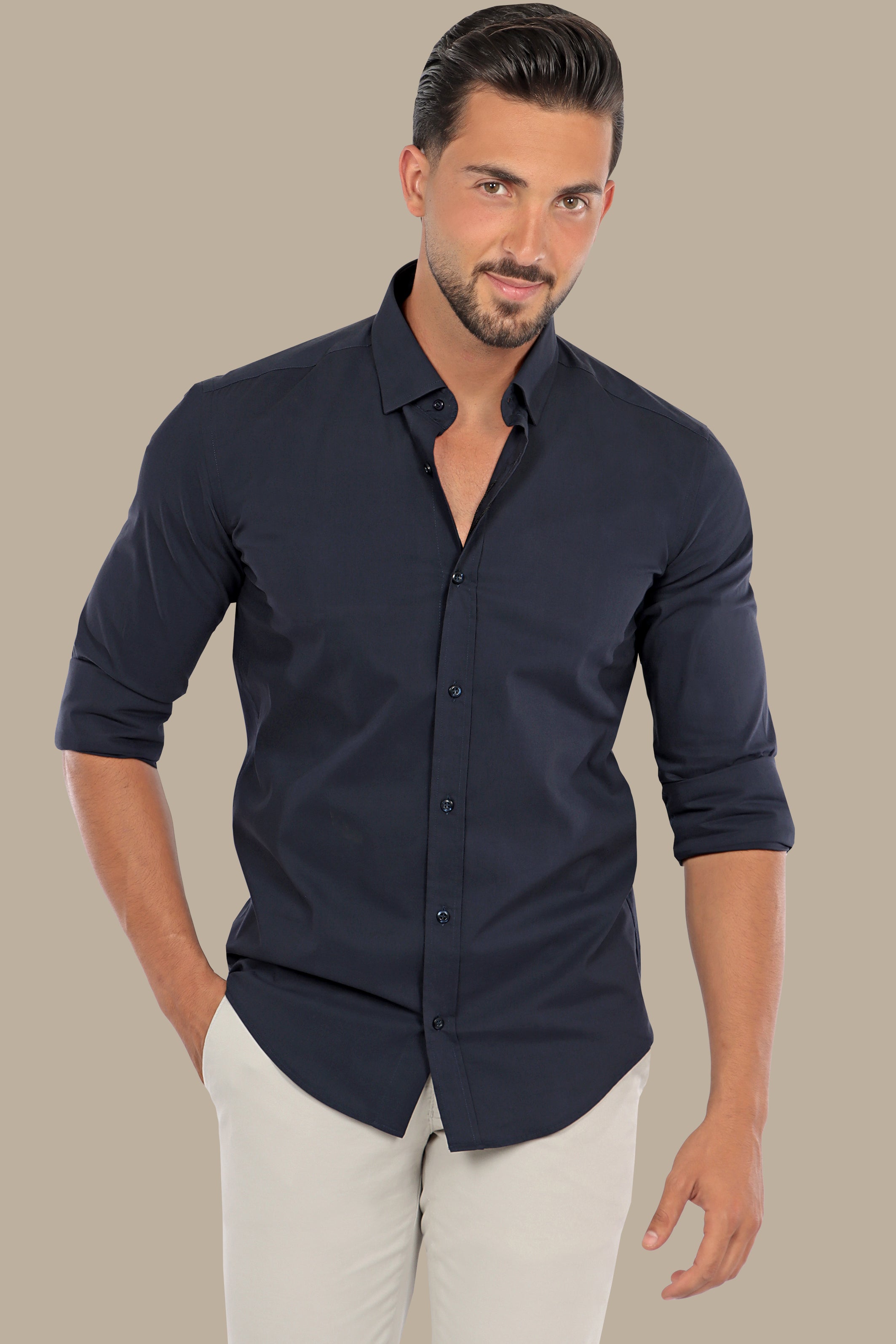 Navy Sophistication: Lycra Plain Shirt for Effortless Elegance