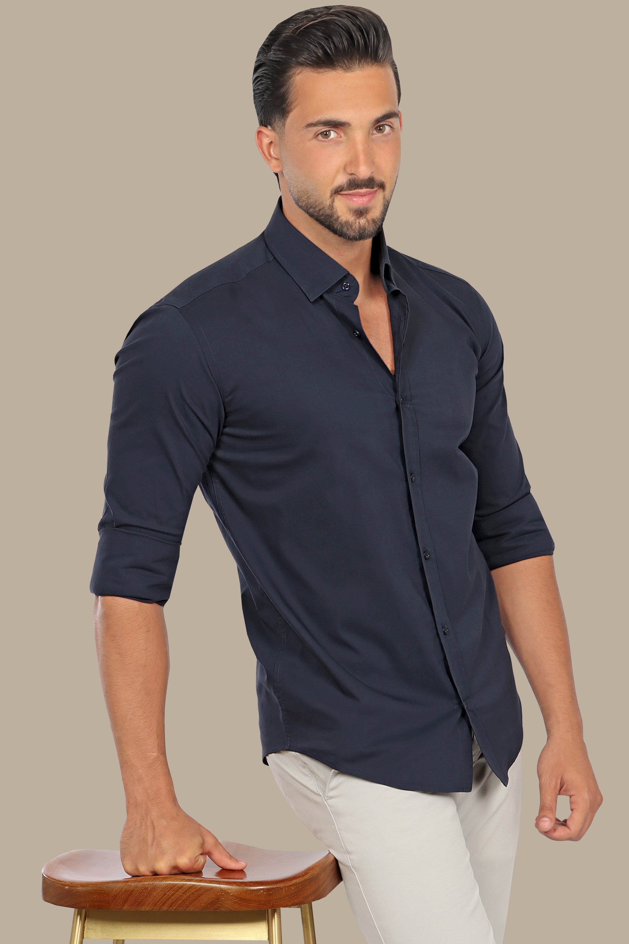 Navy Sophistication: Lycra Plain Shirt for Effortless Elegance