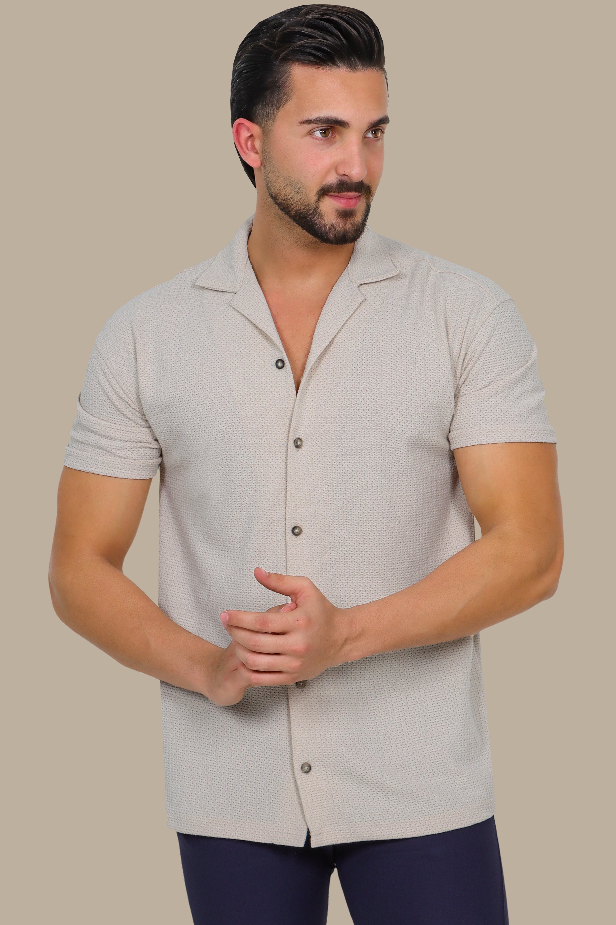 Beige Breathable Regular-Fit Short-Sleeve Shirt