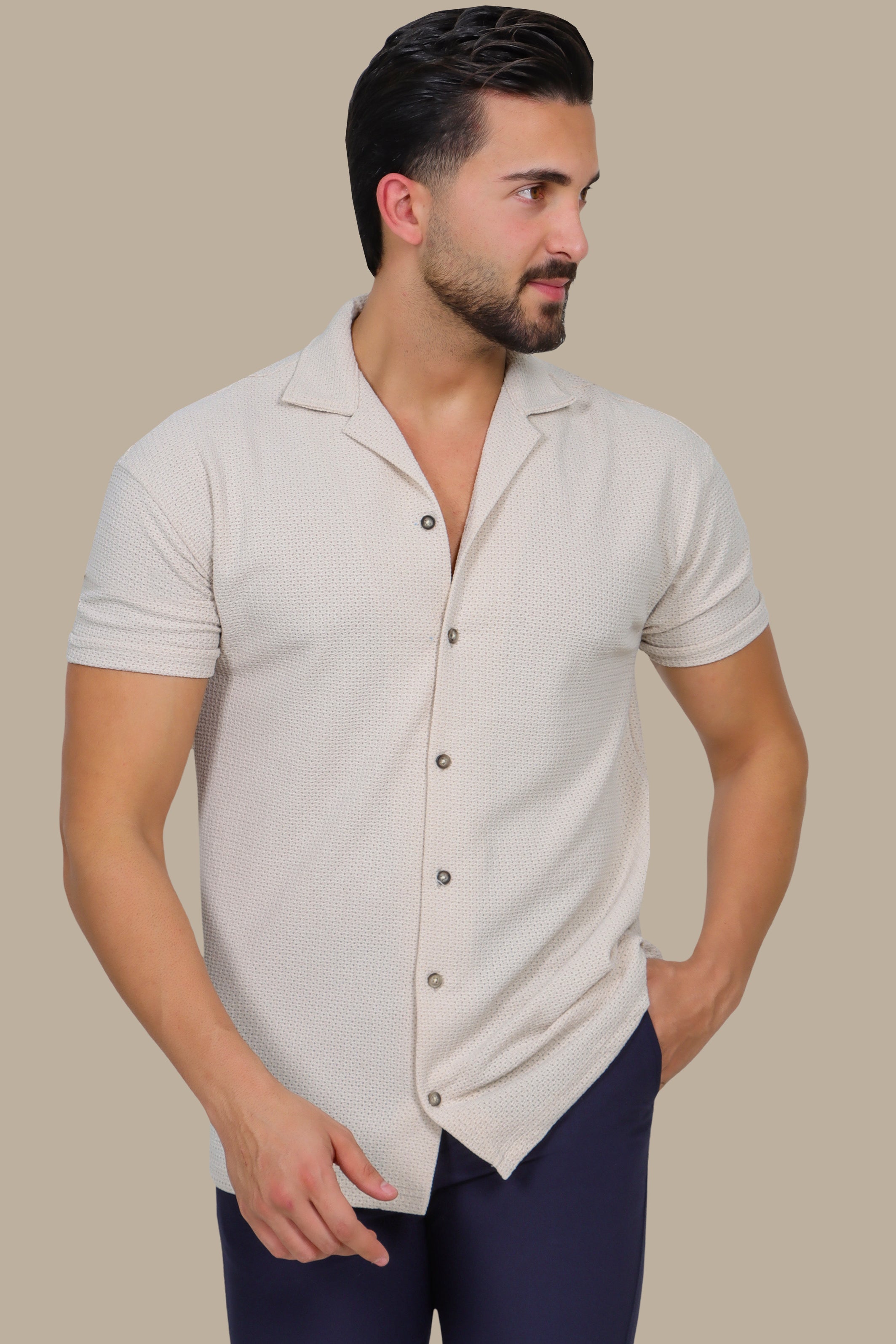 Beige Breathable Regular-Fit Short-Sleeve Shirt