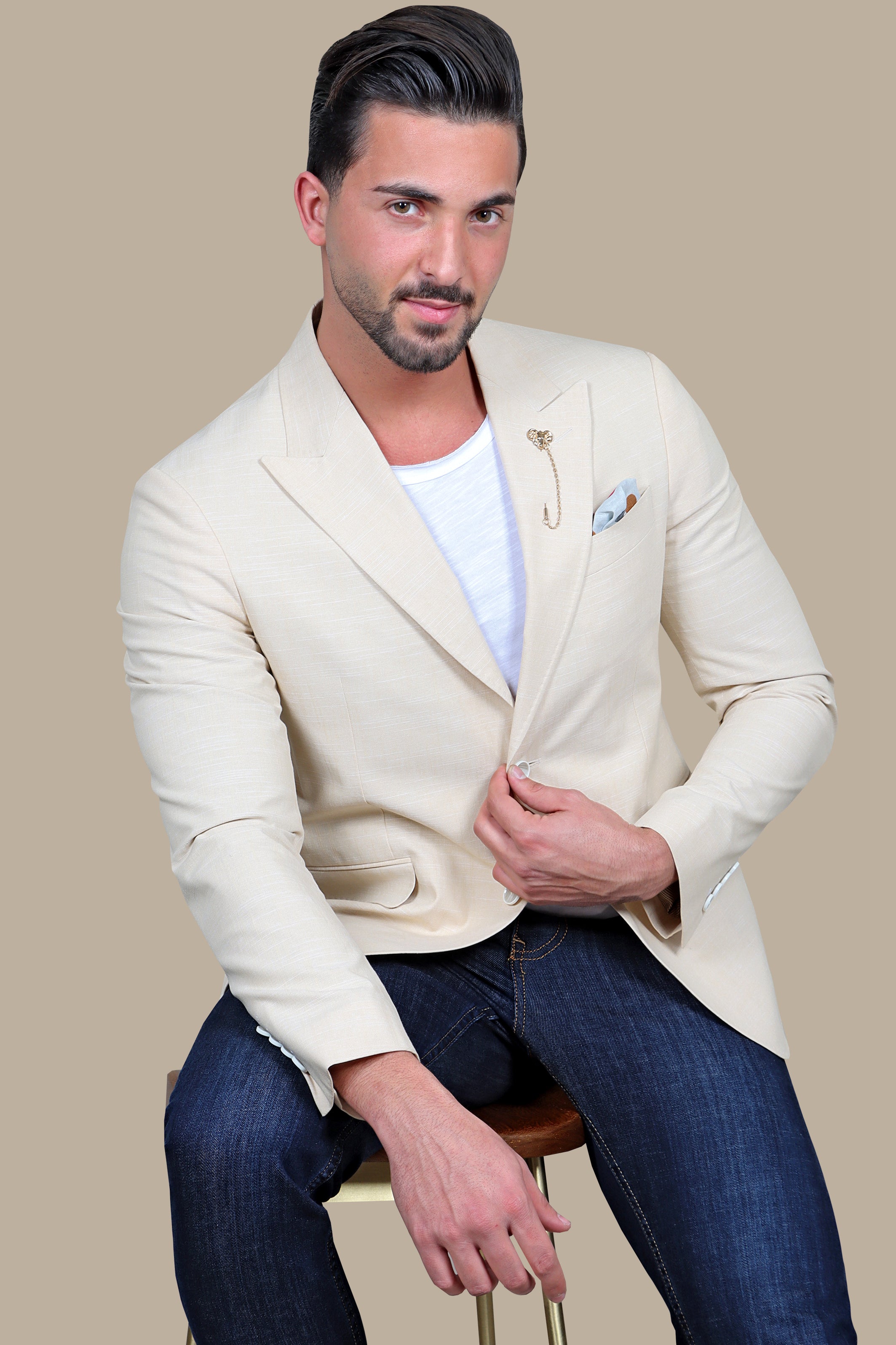 Beige Linen Peak Lapel Blazer