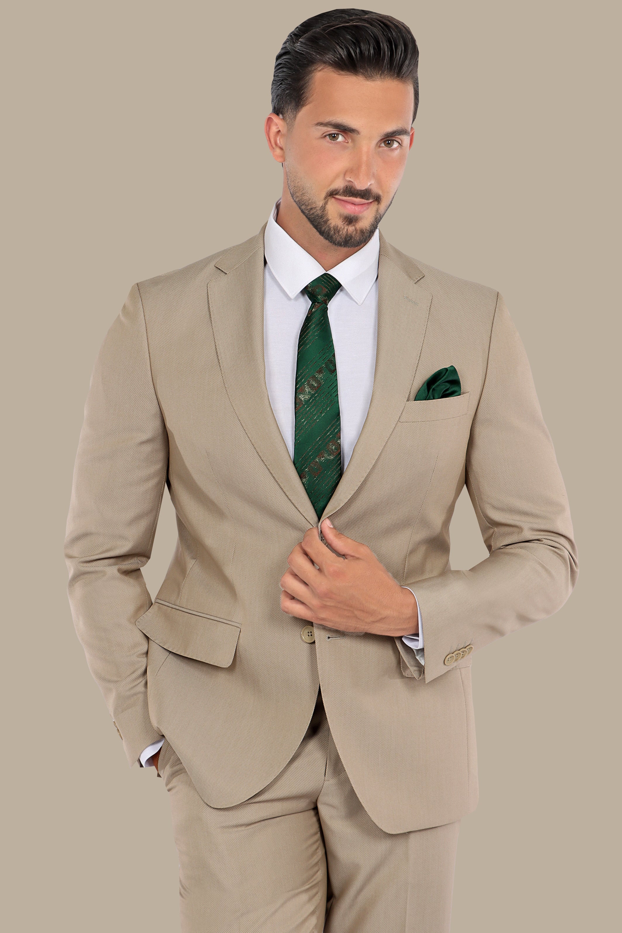 Dark Beige Slim Fit Suit with Notch Lapel