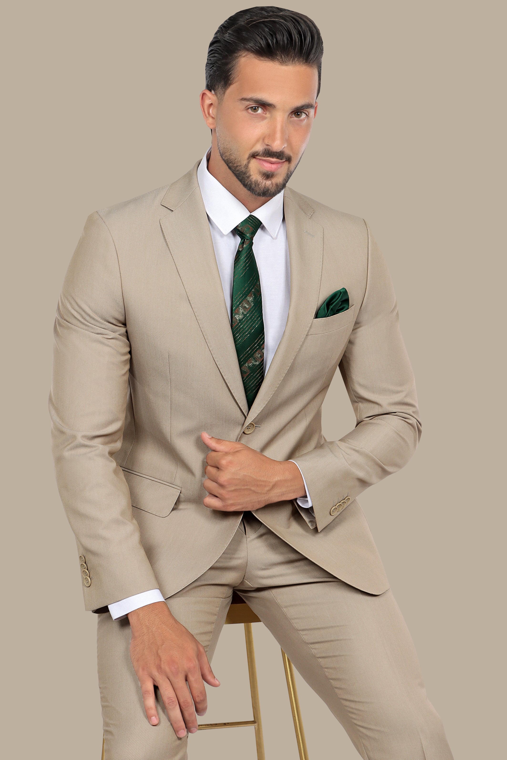 Dark Beige Slim Fit Suit with Notch Lapel