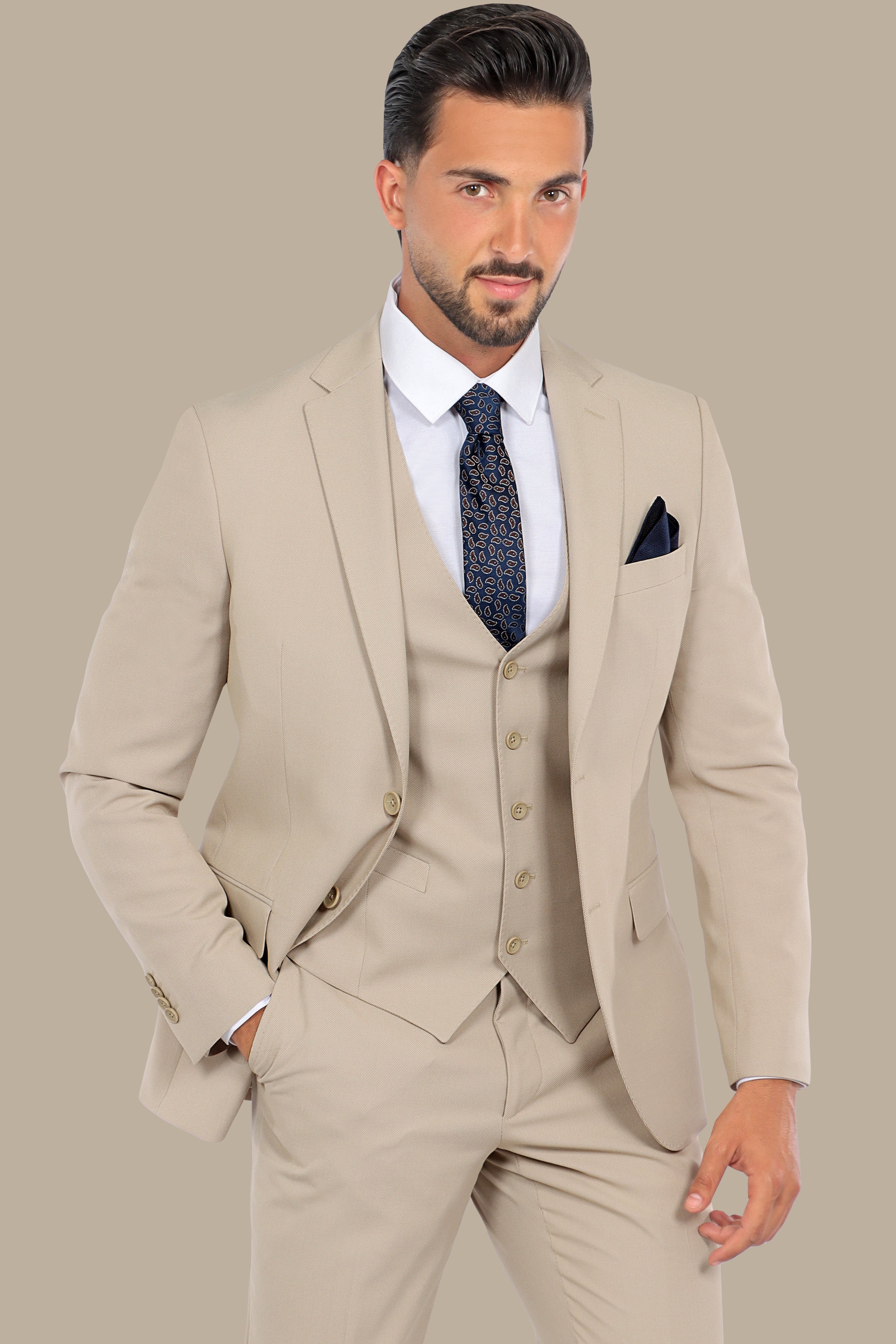 Beige Slim Fit 3-Piece Suit with Notch Lapel