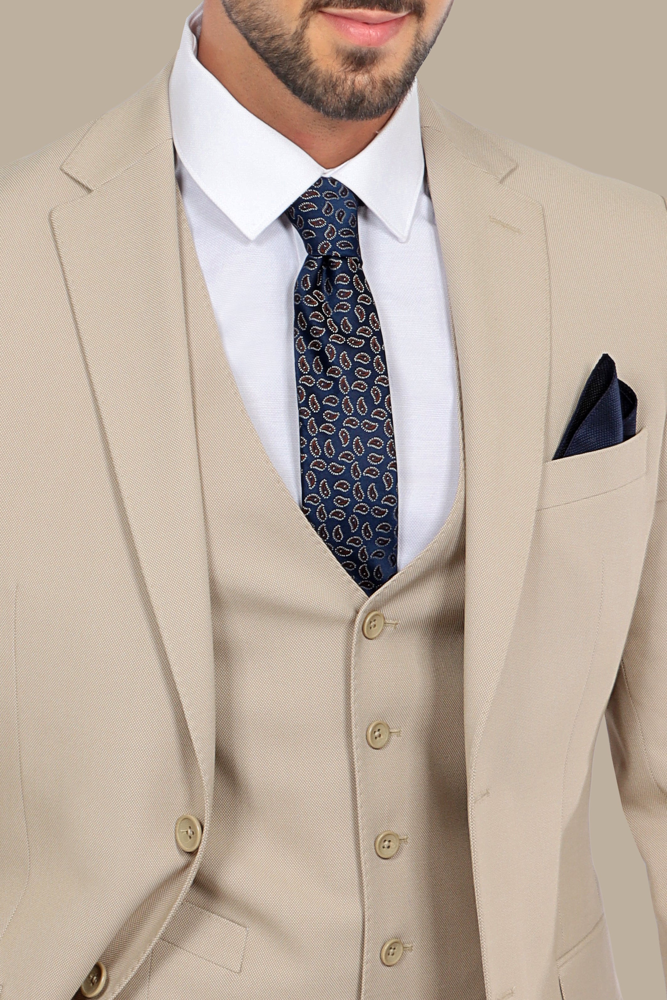 Beige Slim Fit 3-Piece Suit with Notch Lapel