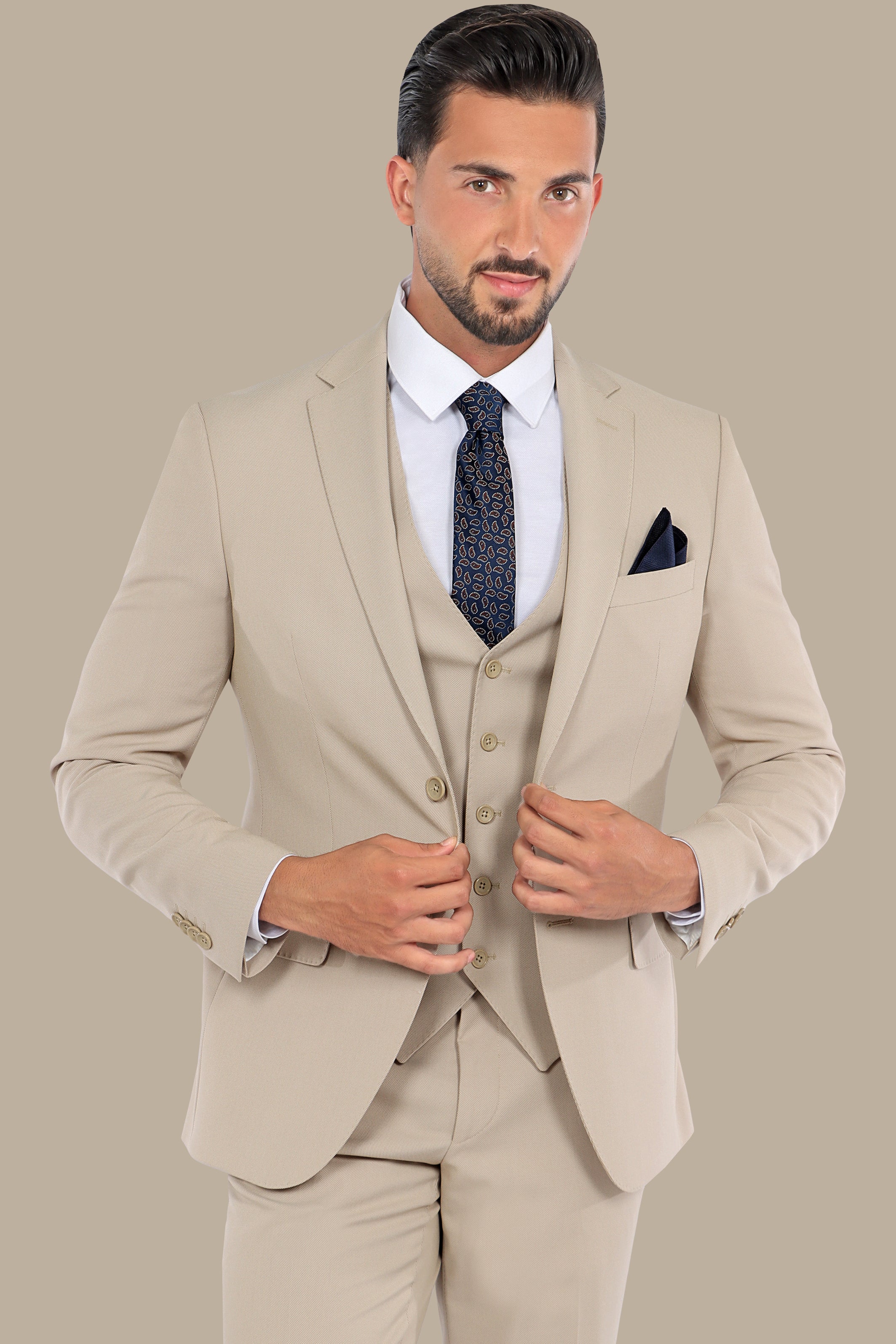 Beige Slim Fit 3-Piece Suit with Notch Lapel