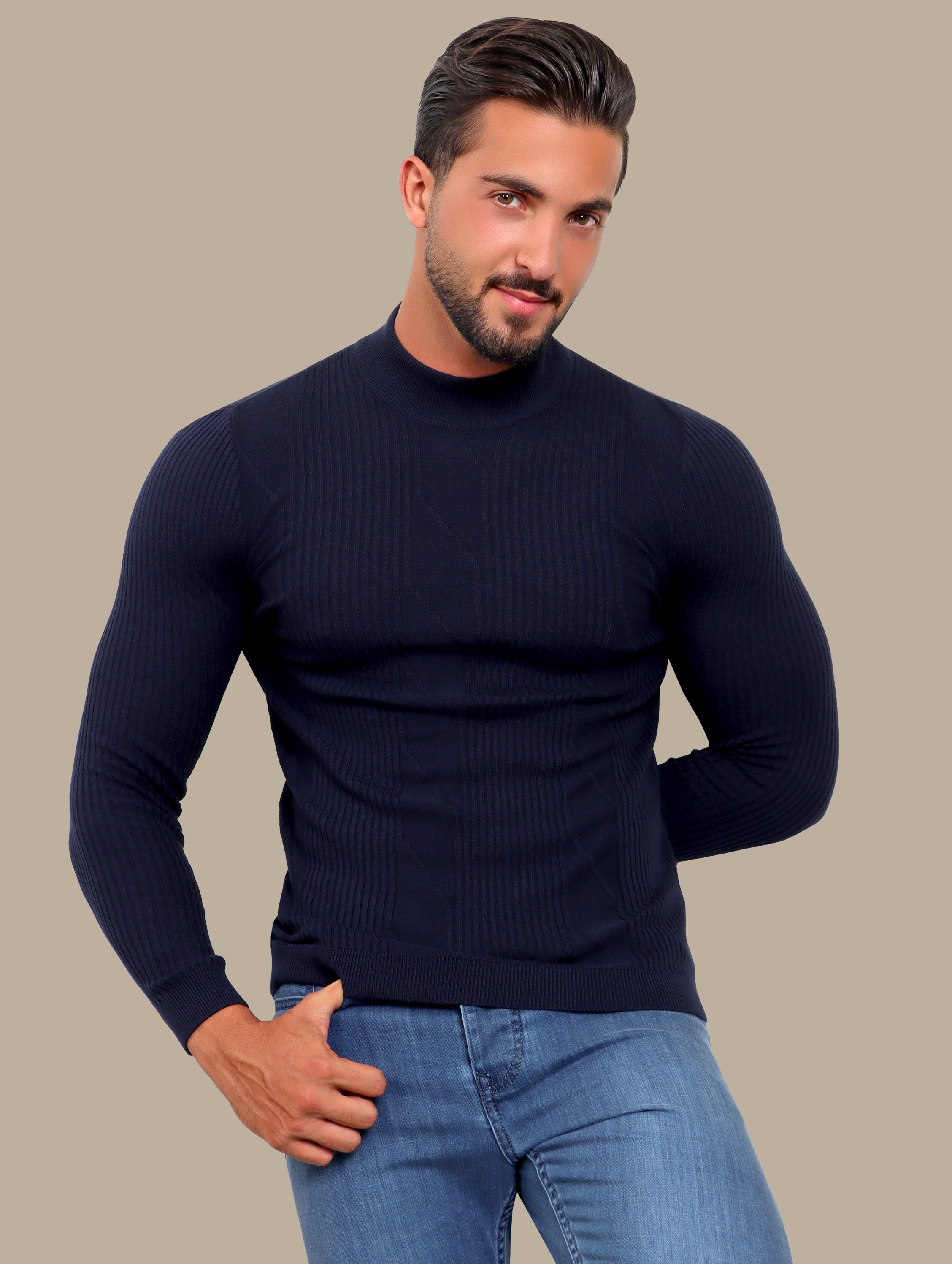 High Neck Ribbed Sweater in Navy