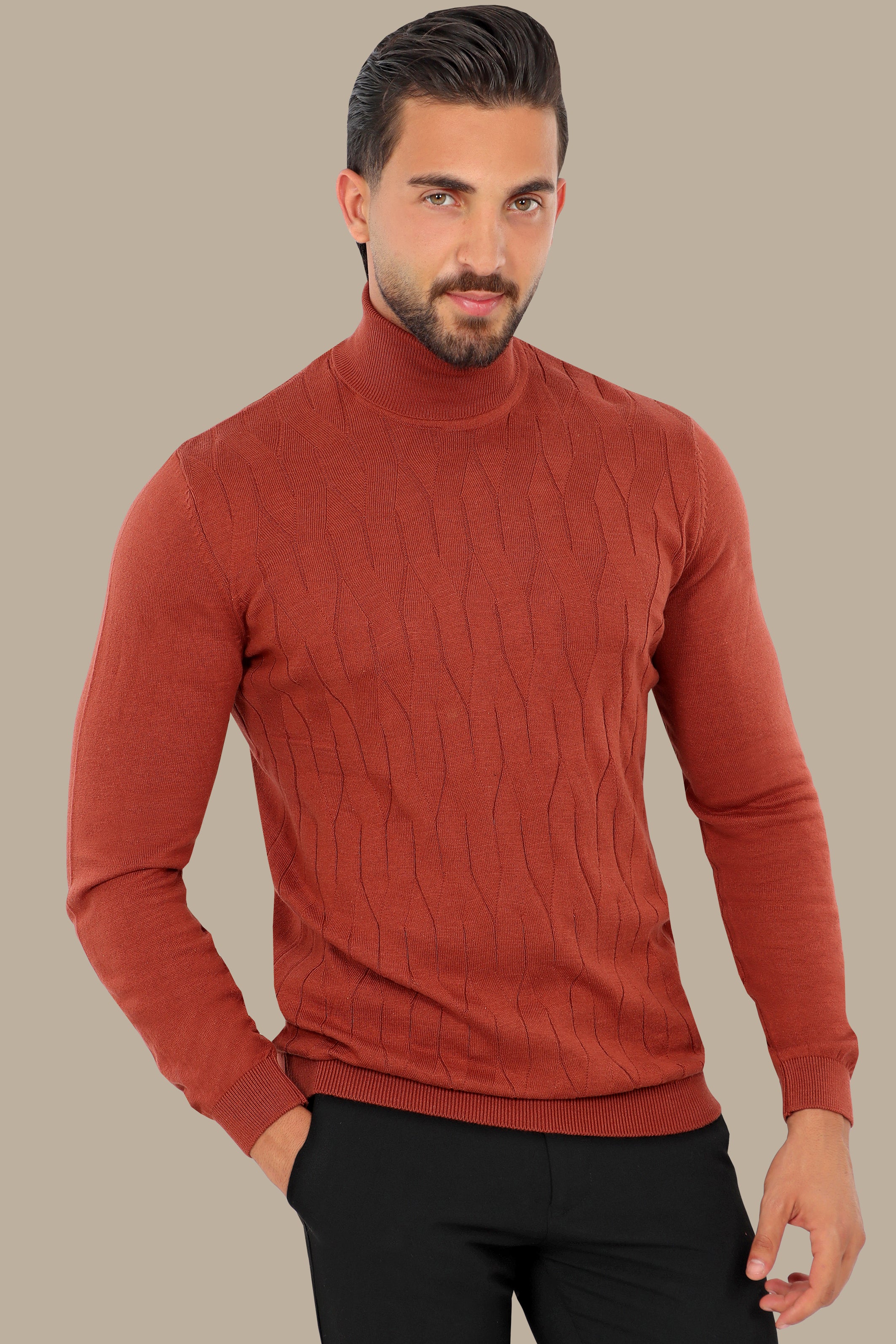 Brick Turtle Neck Braided Sweater