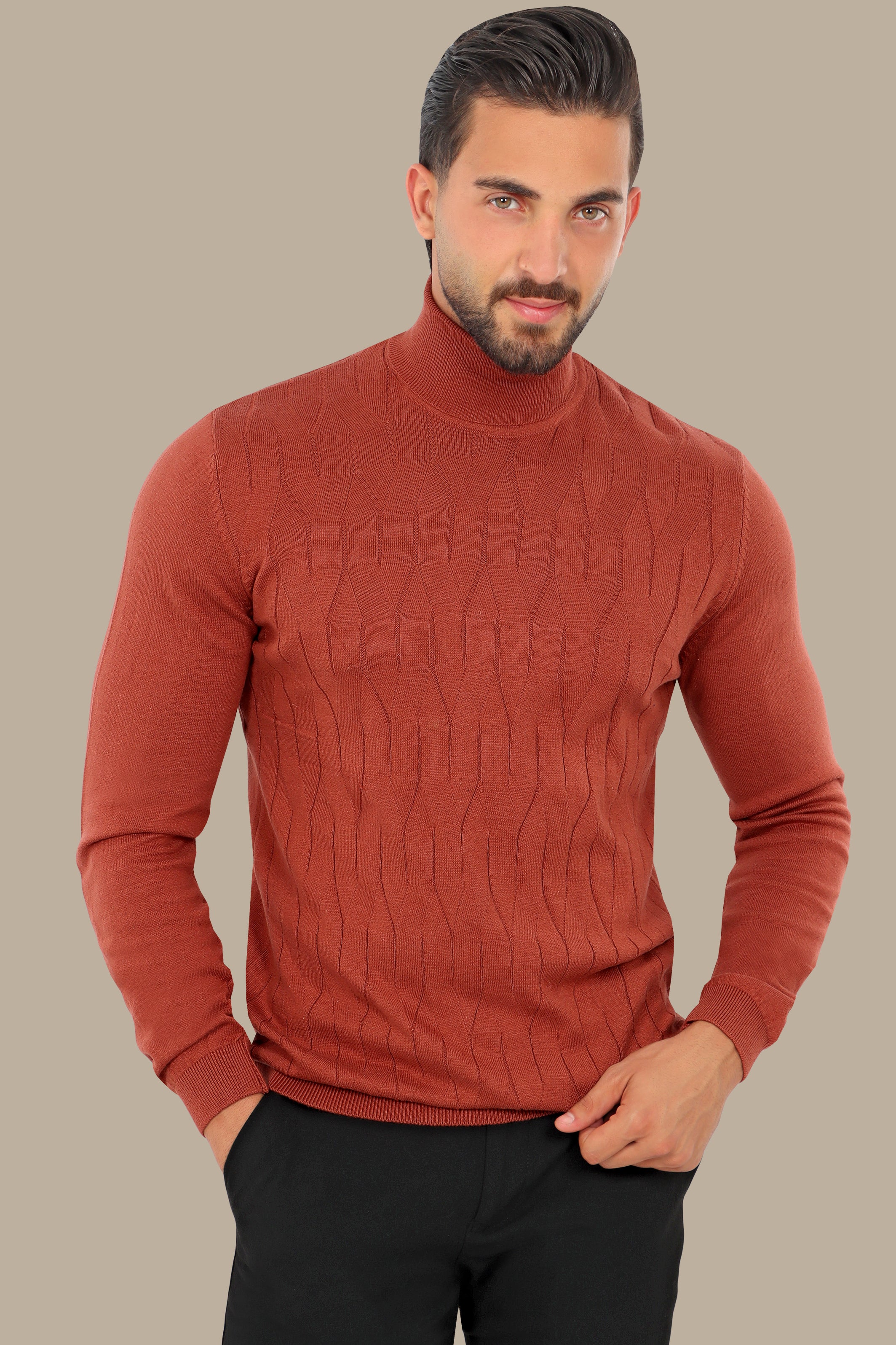 Brick Turtle Neck Braided Sweater