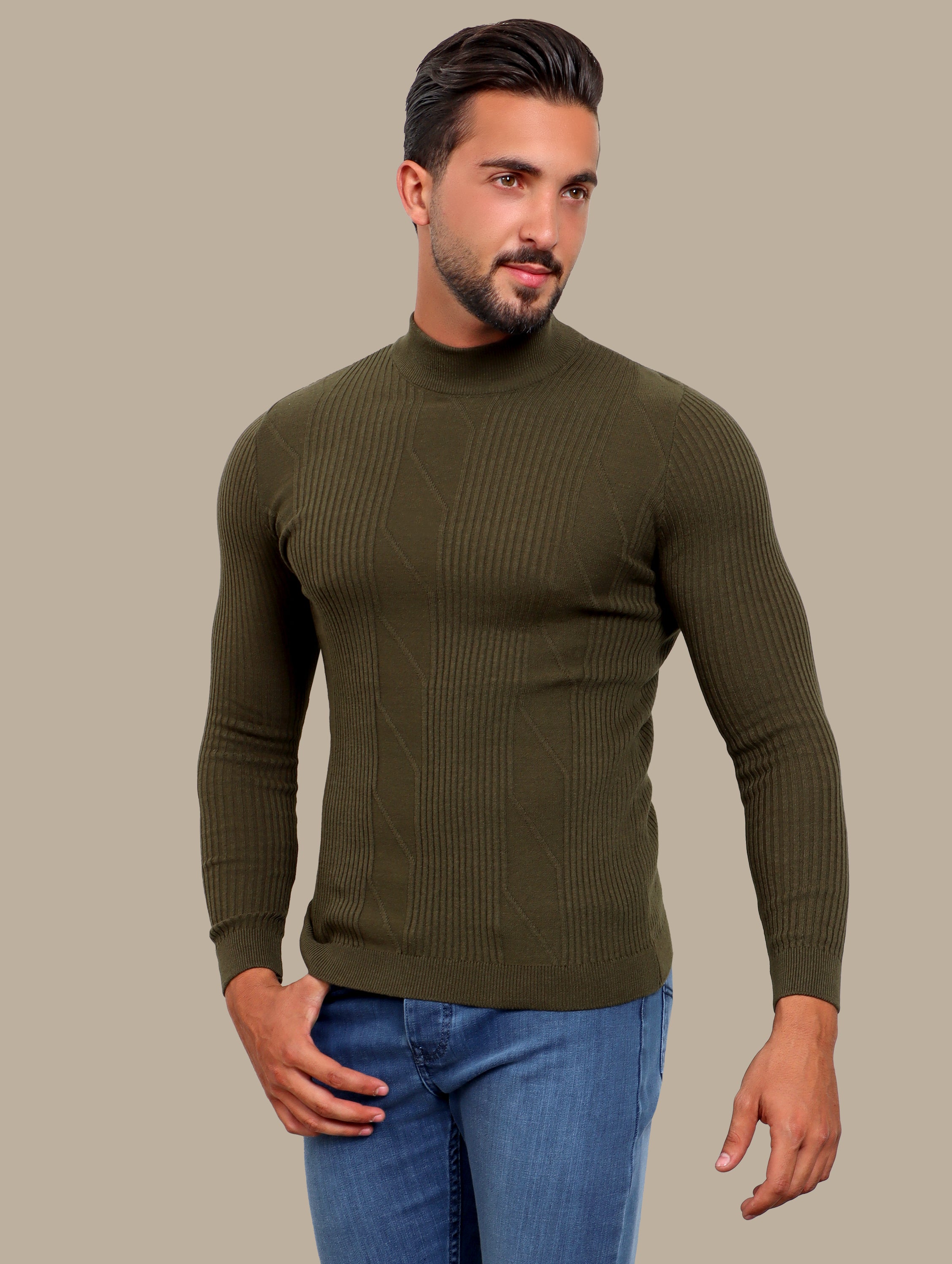 Green High Neck Ribbed Sweater