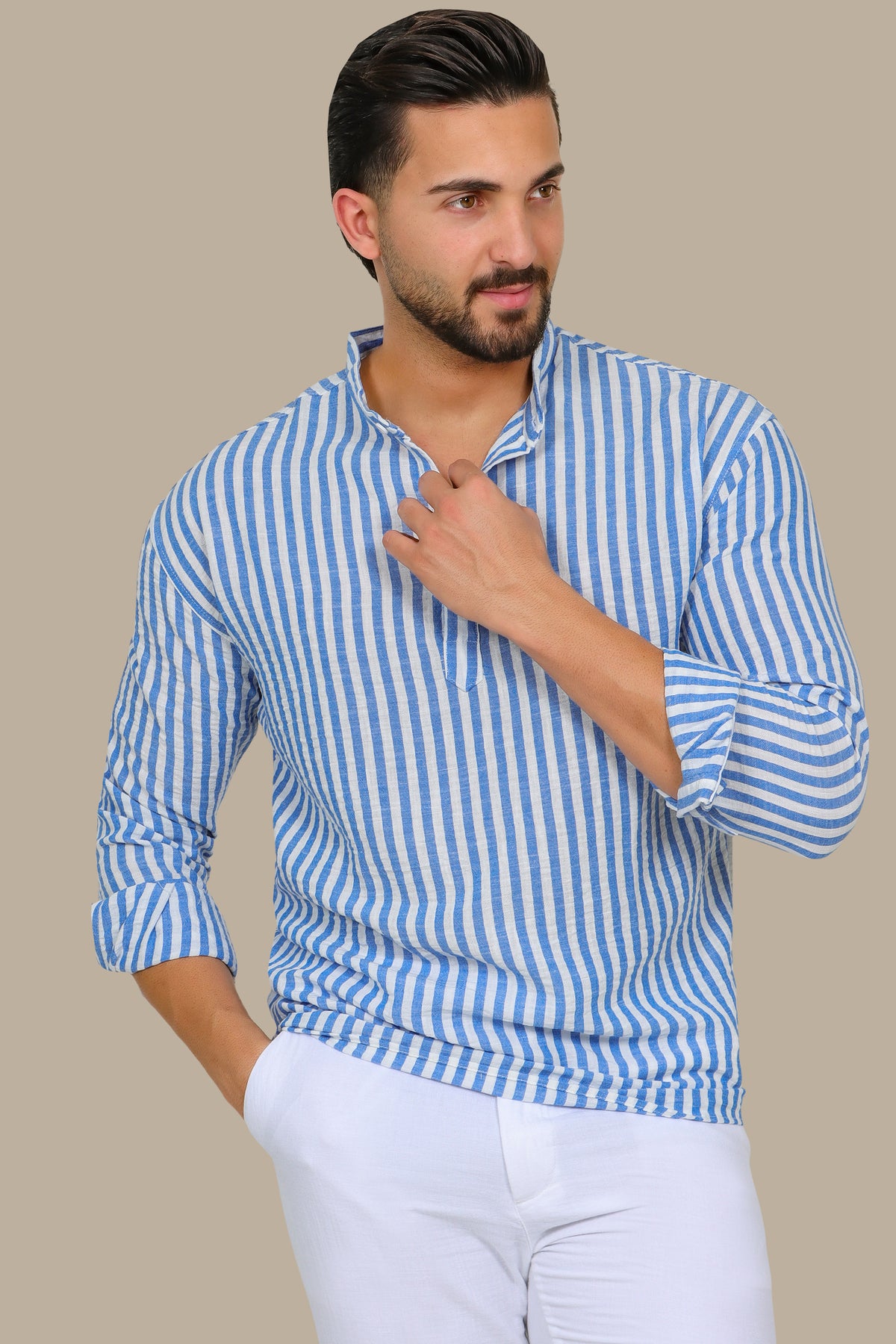 Striped Chinese Collar Shirt
