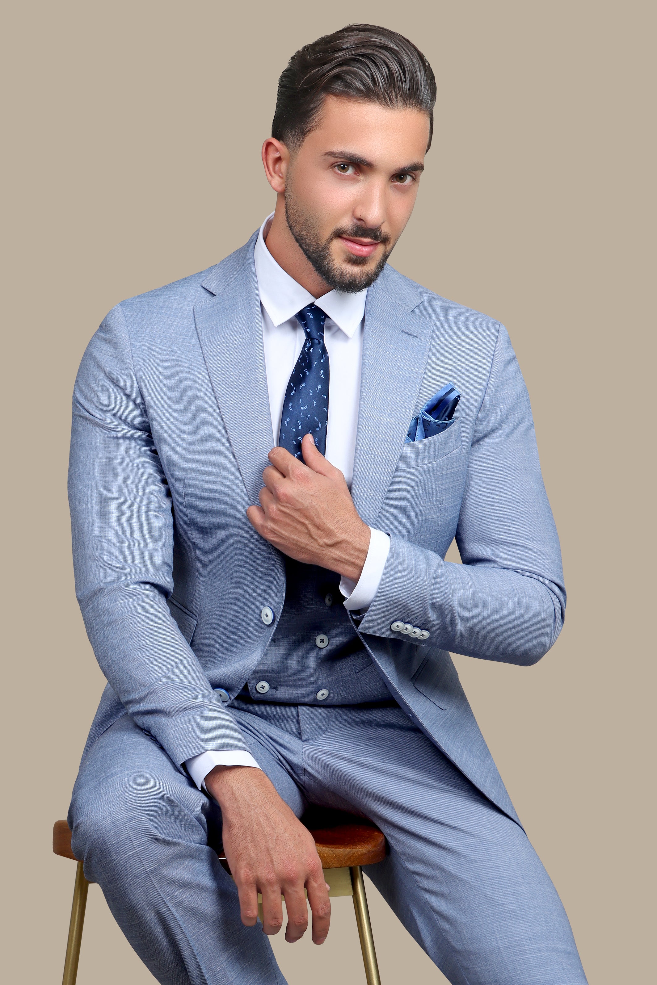 Elegant Blue Lycra Suit Set with Notch Details - 3-Piece Collection