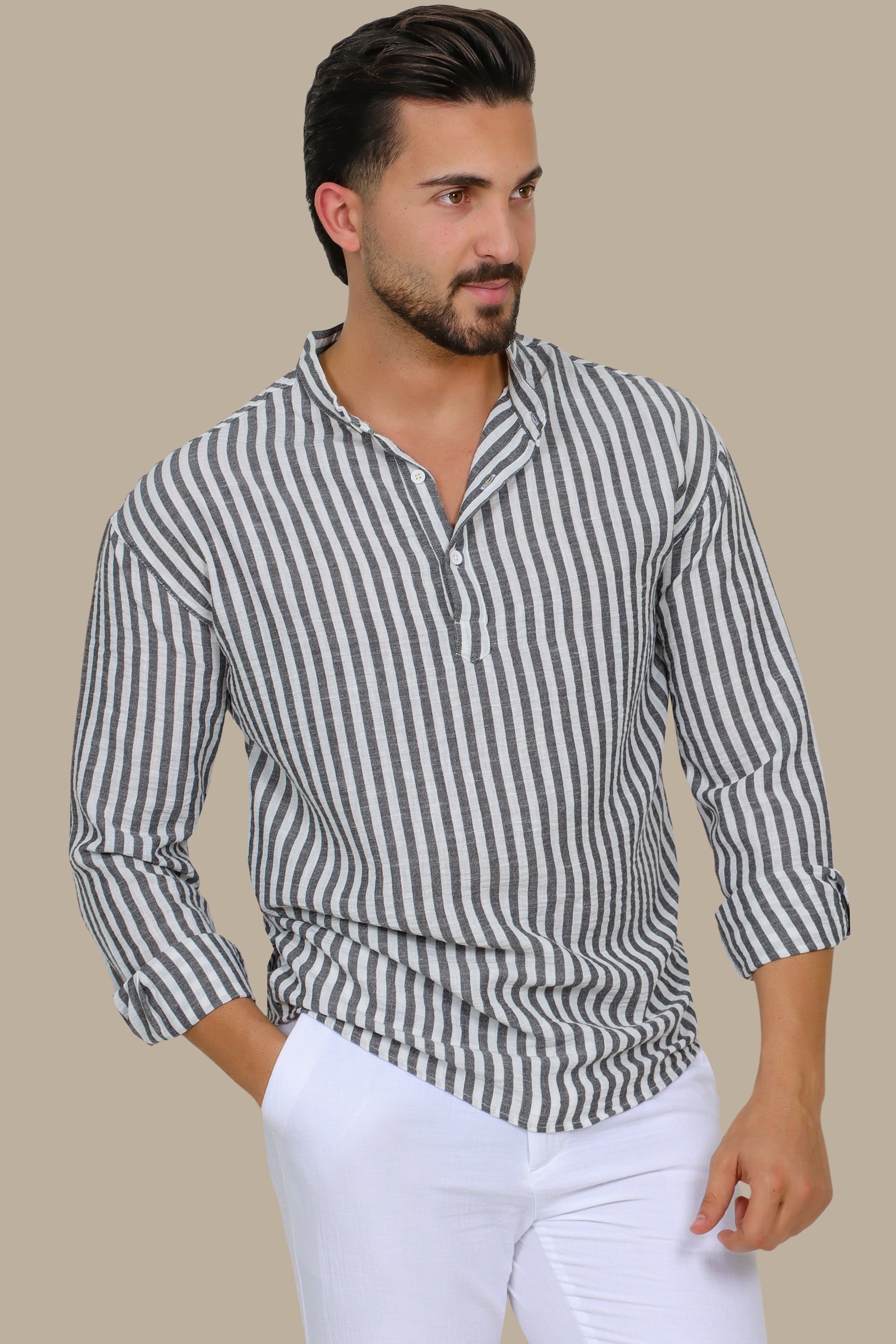 Grey Striped Shirt with Chinese Collar