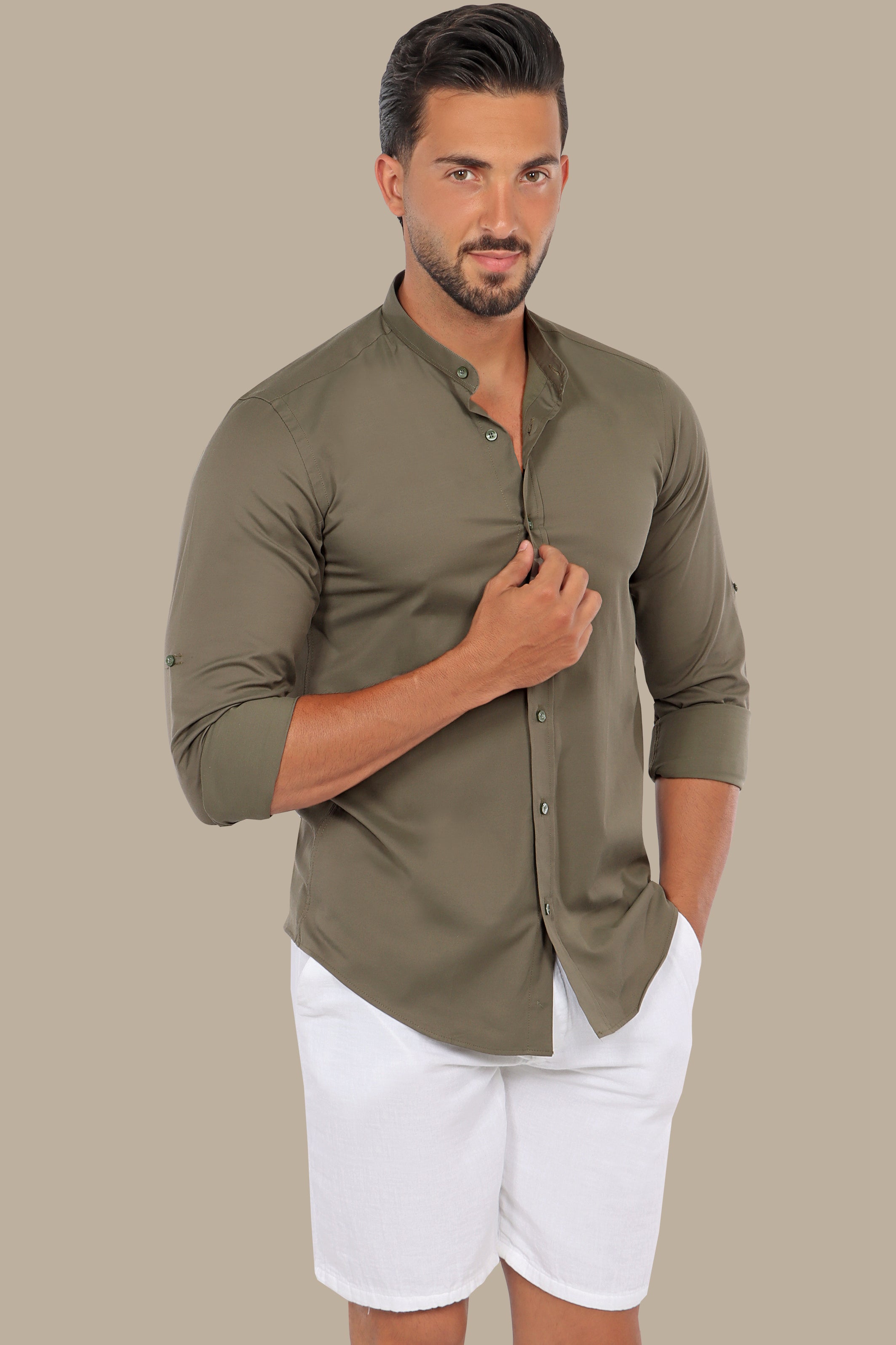 Khaki Casual Lycra Col Mao Shirt