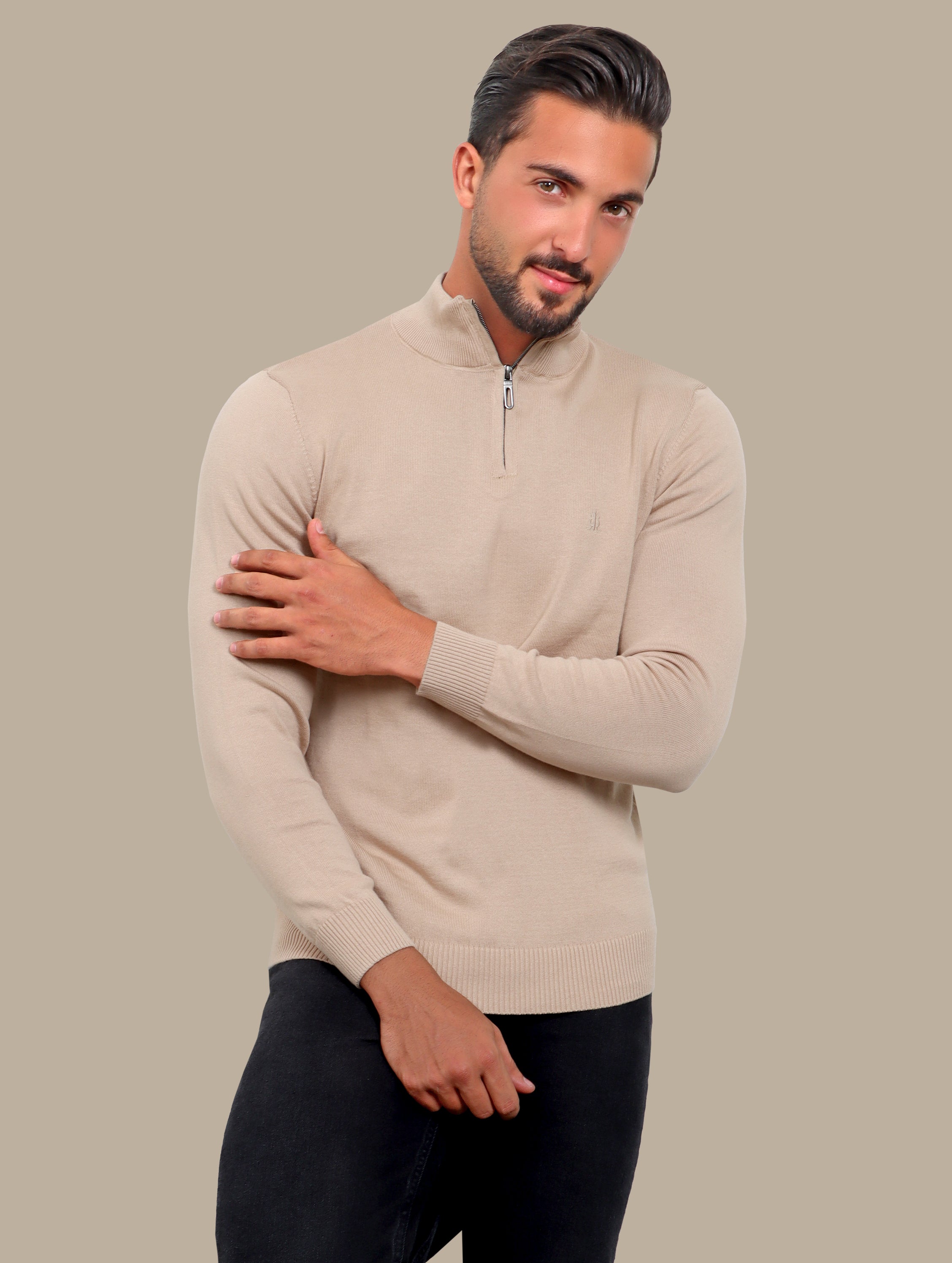 Sweater Half Zipper Basic Cotton | Beige