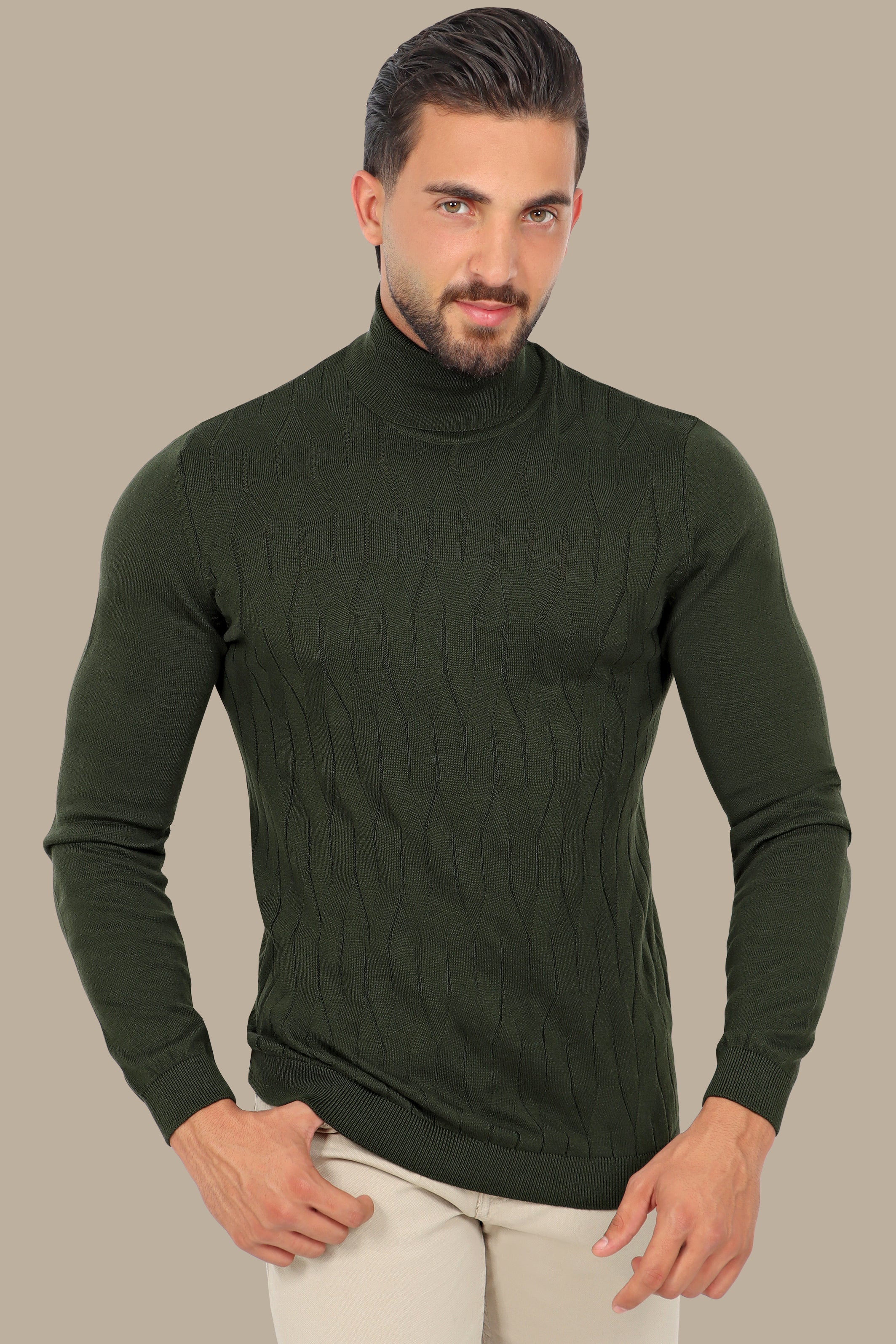 Green Braided Turtleneck Sweater