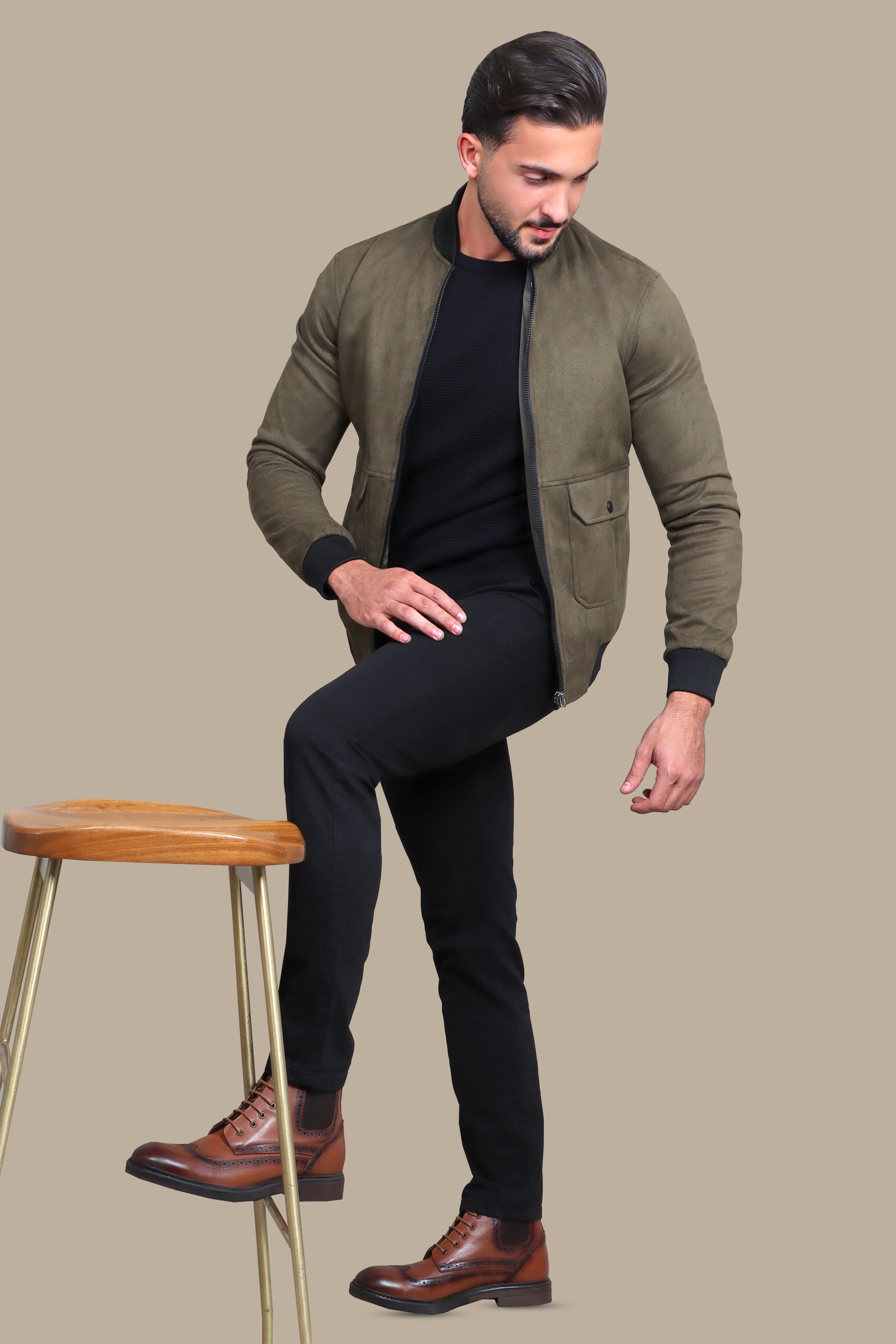 Olive Elegance: Col Mao Blouson Jacket