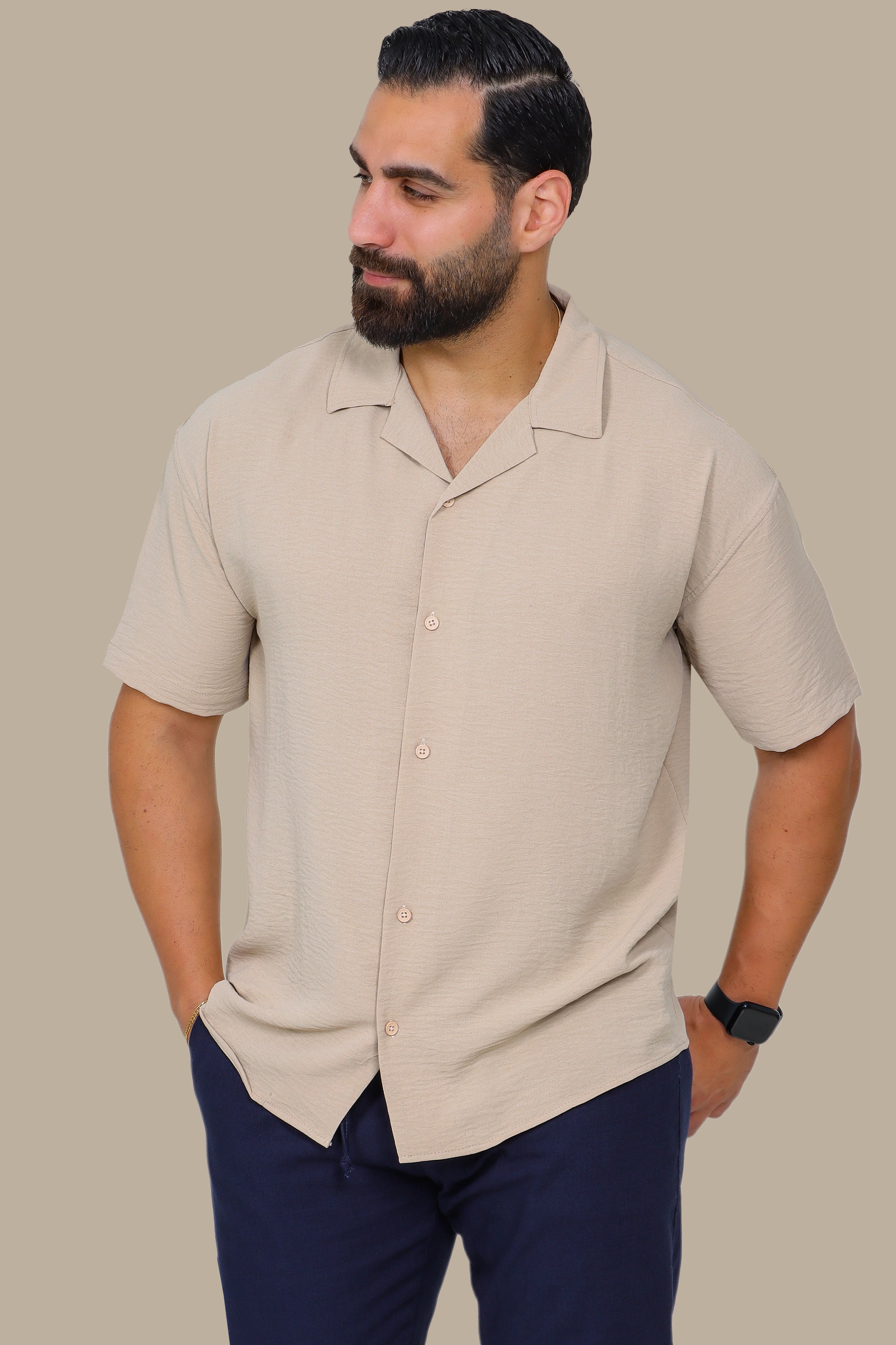 Beige Linen Shirt with Short Sleeves in Aerobin Fabric