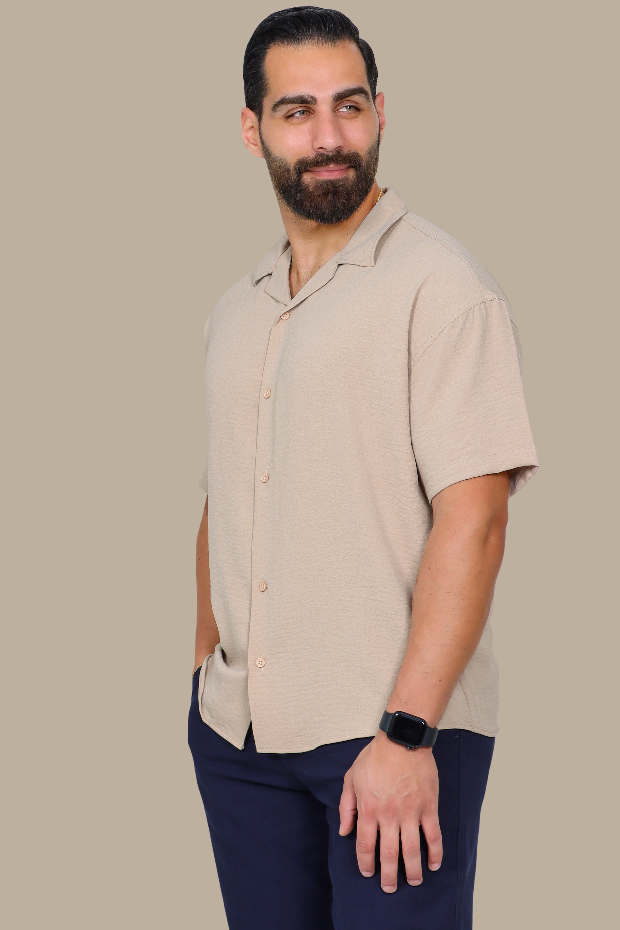 Beige Linen Shirt with Short Sleeves in Aerobin Fabric
