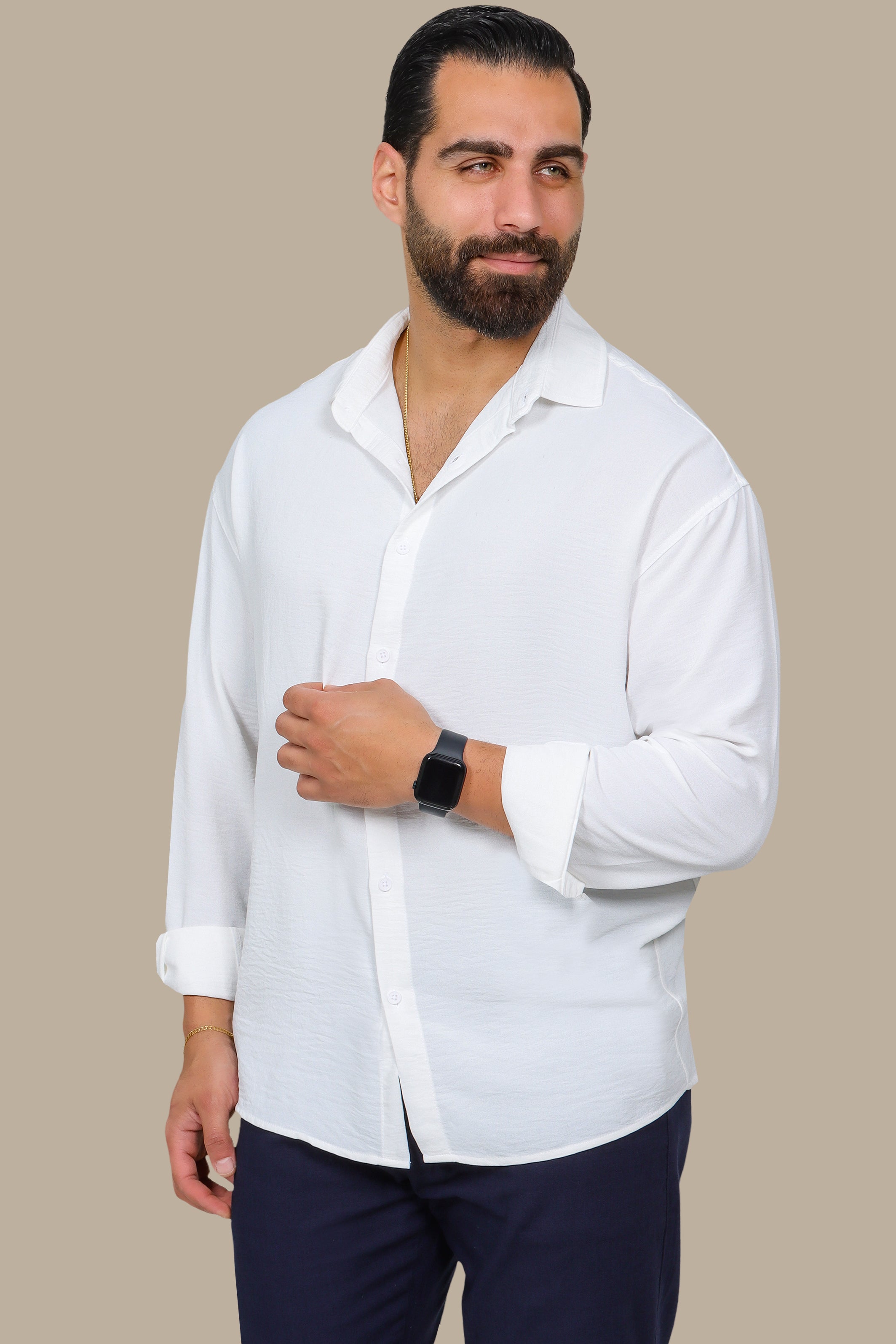 White Linen Shirt with Long Sleeves in Aerobin Fabric