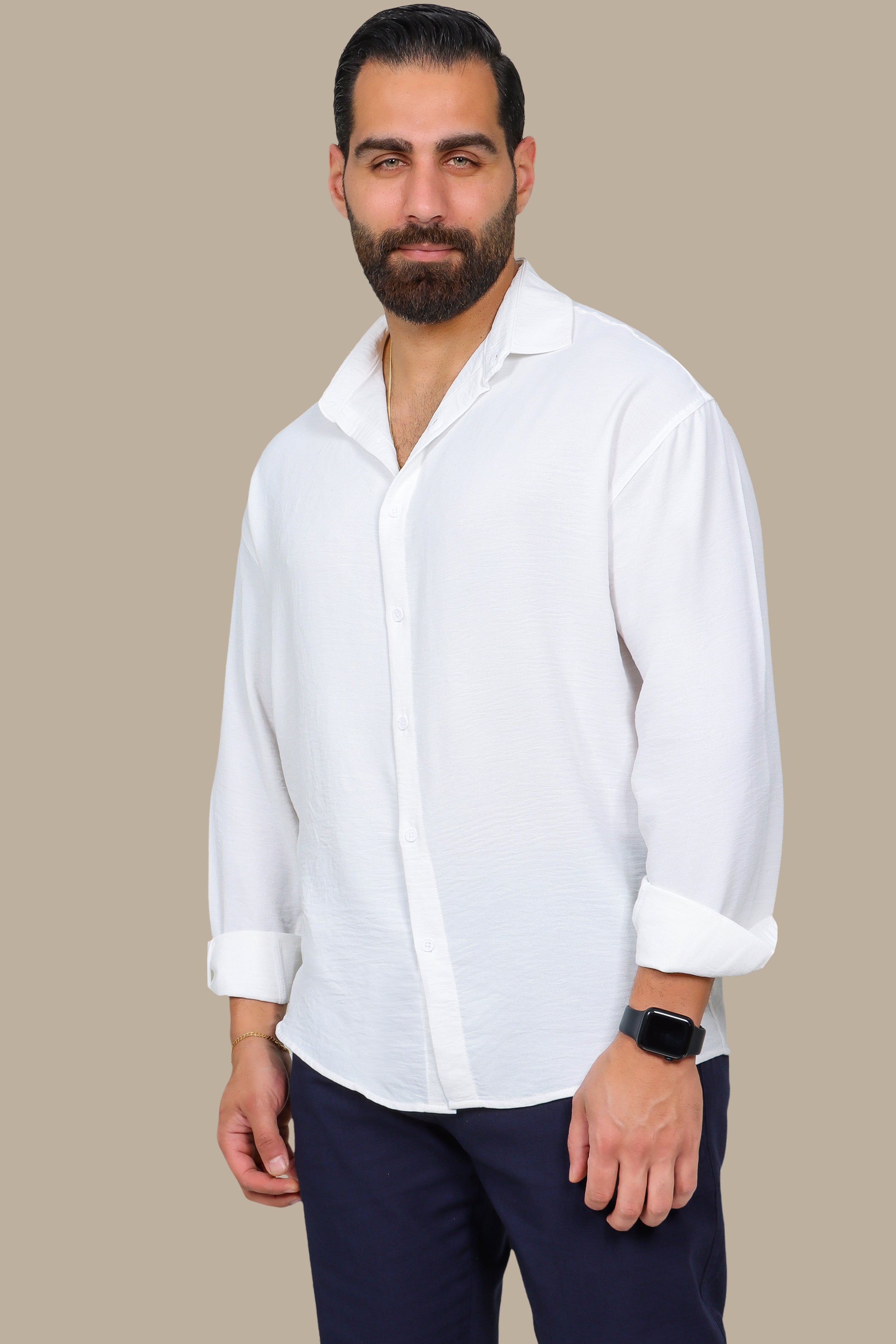 White Linen Shirt with Long Sleeves in Aerobin Fabric
