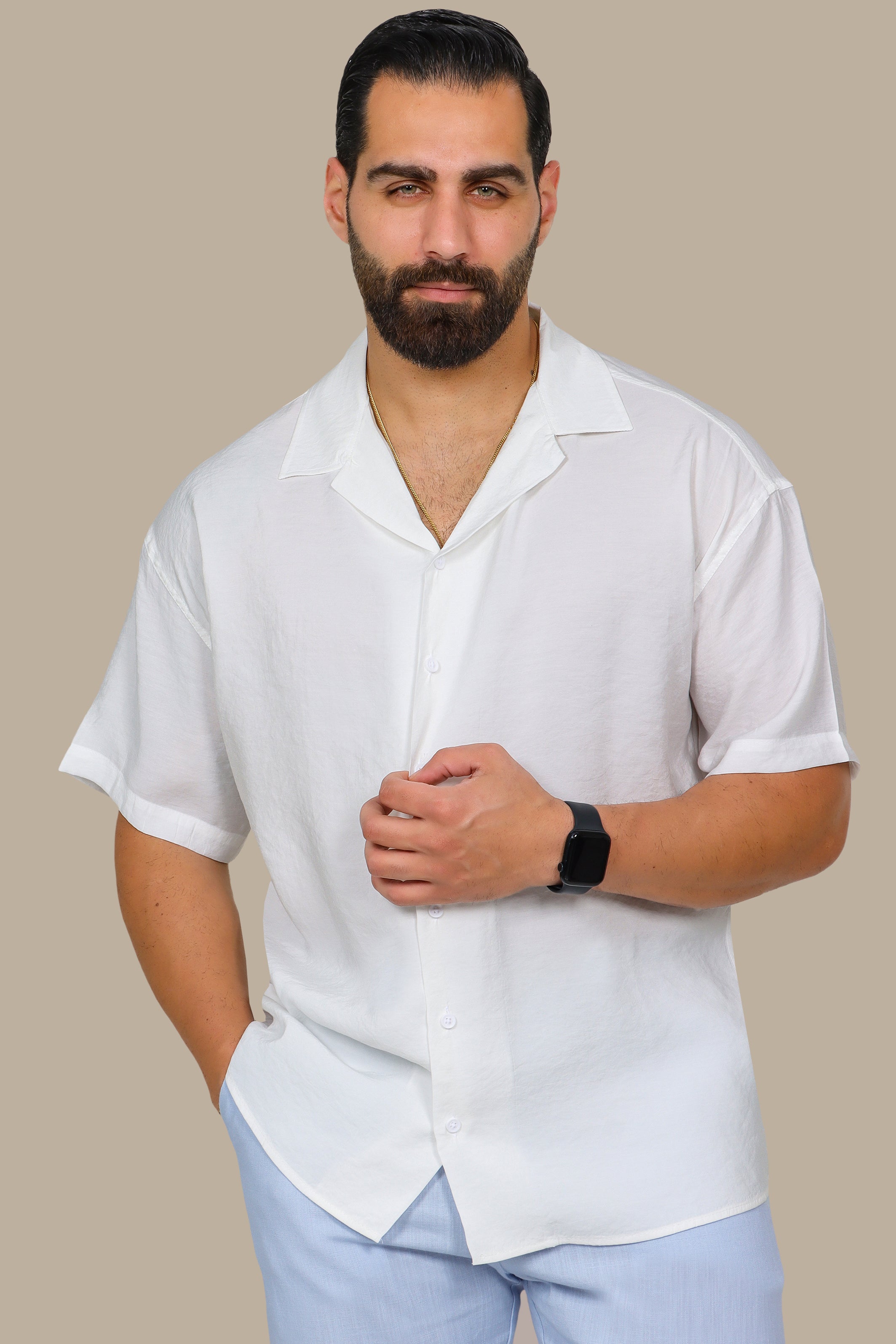 White Linen Shirt with Short Sleeves in Aerobin Fabric