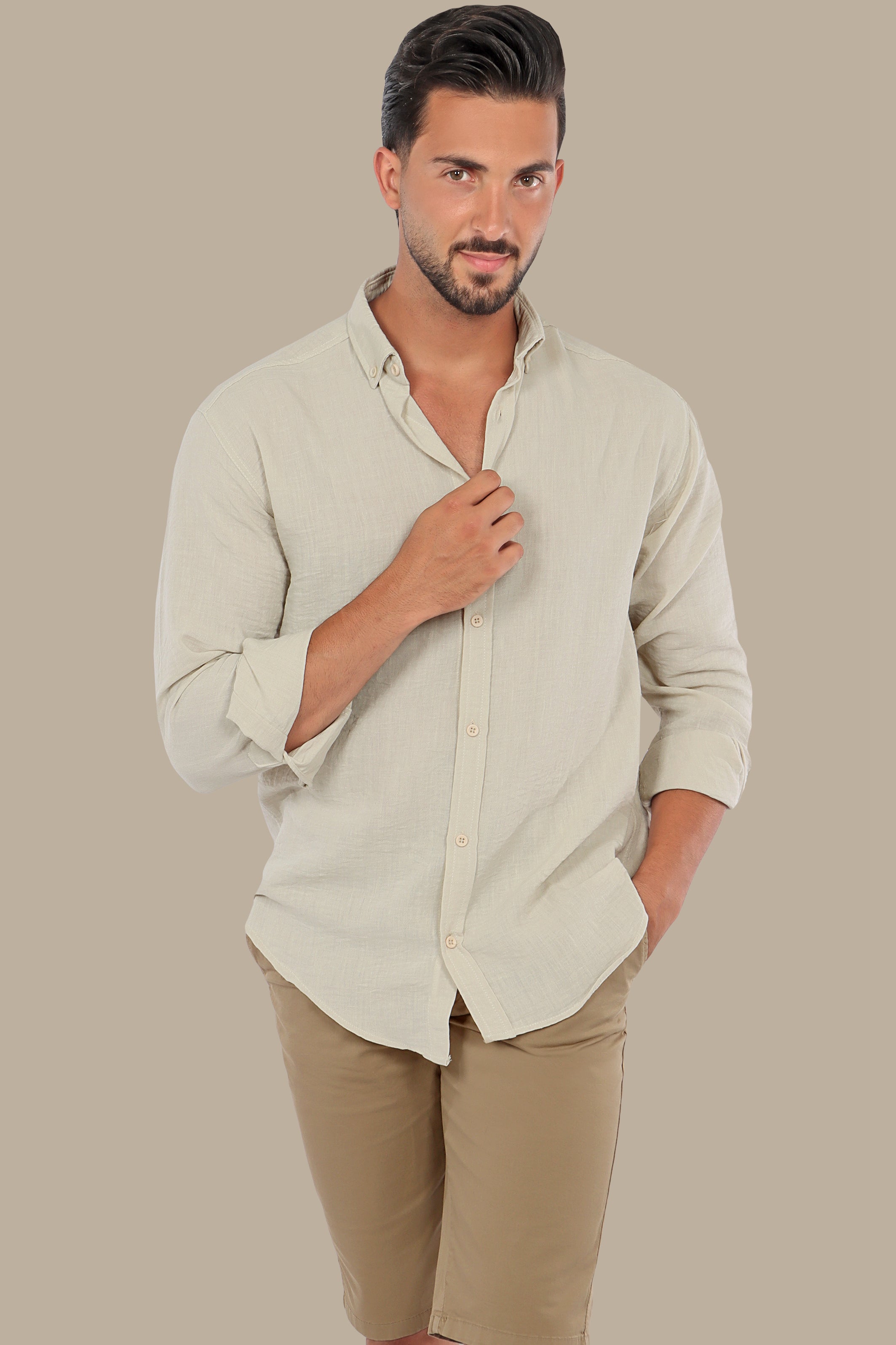 Timeless Elegance: Beige Linen Long Sleeve Button Down