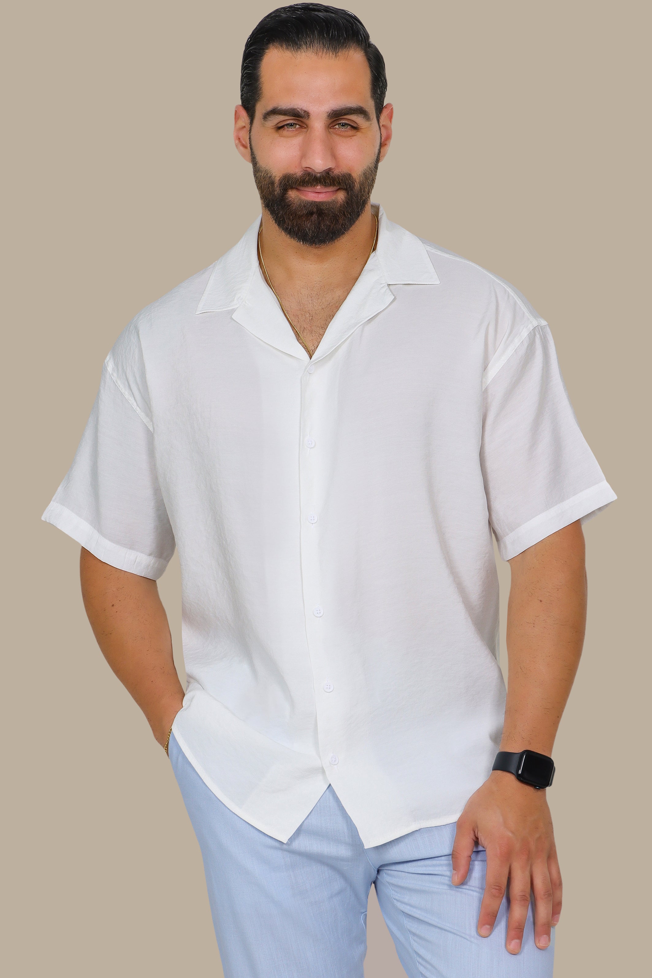 White Linen Shirt with Short Sleeves in Aerobin Fabric