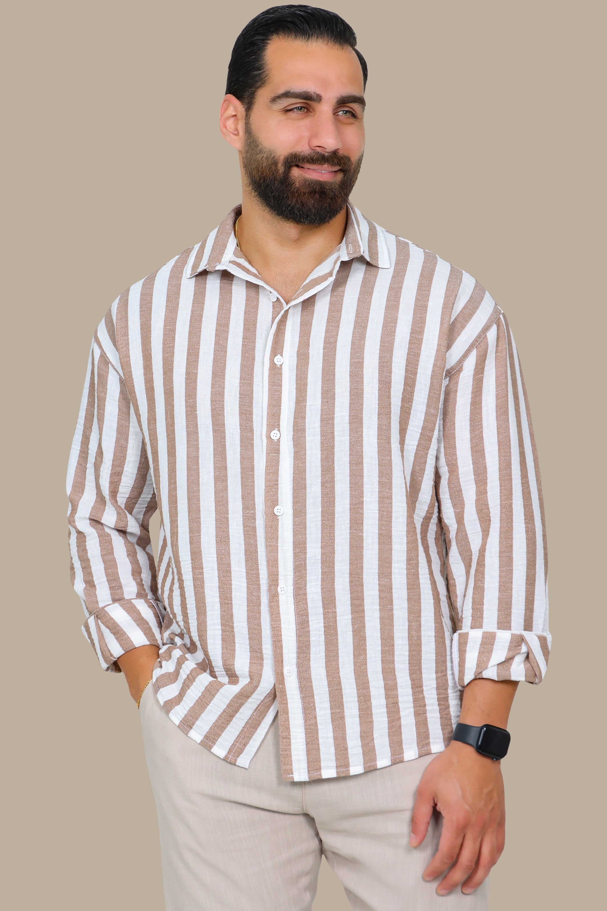 Brown Striped Linen Shirt with Long Sleeves