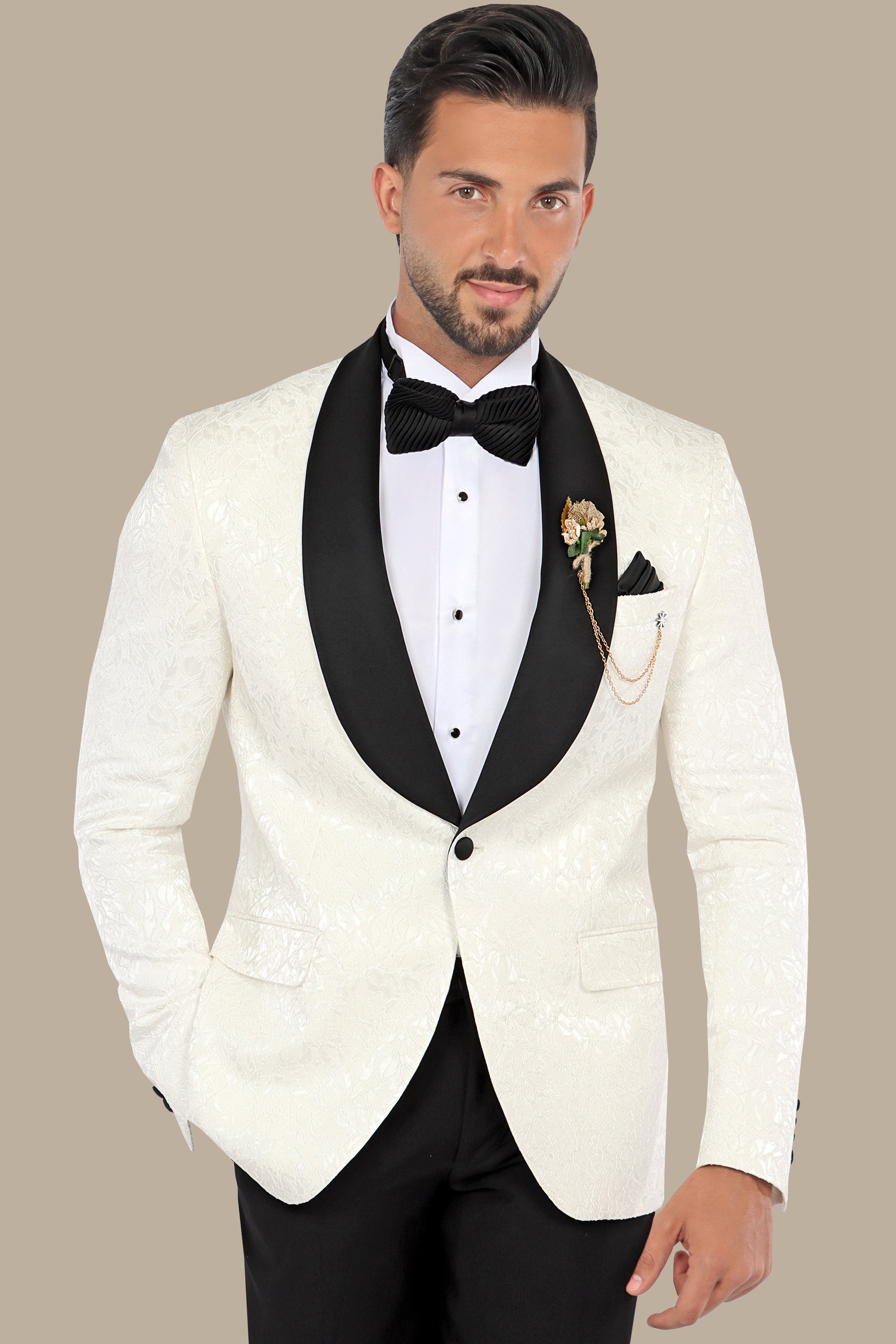 White Leaves Jacquard Shawl Collar Tuxedo